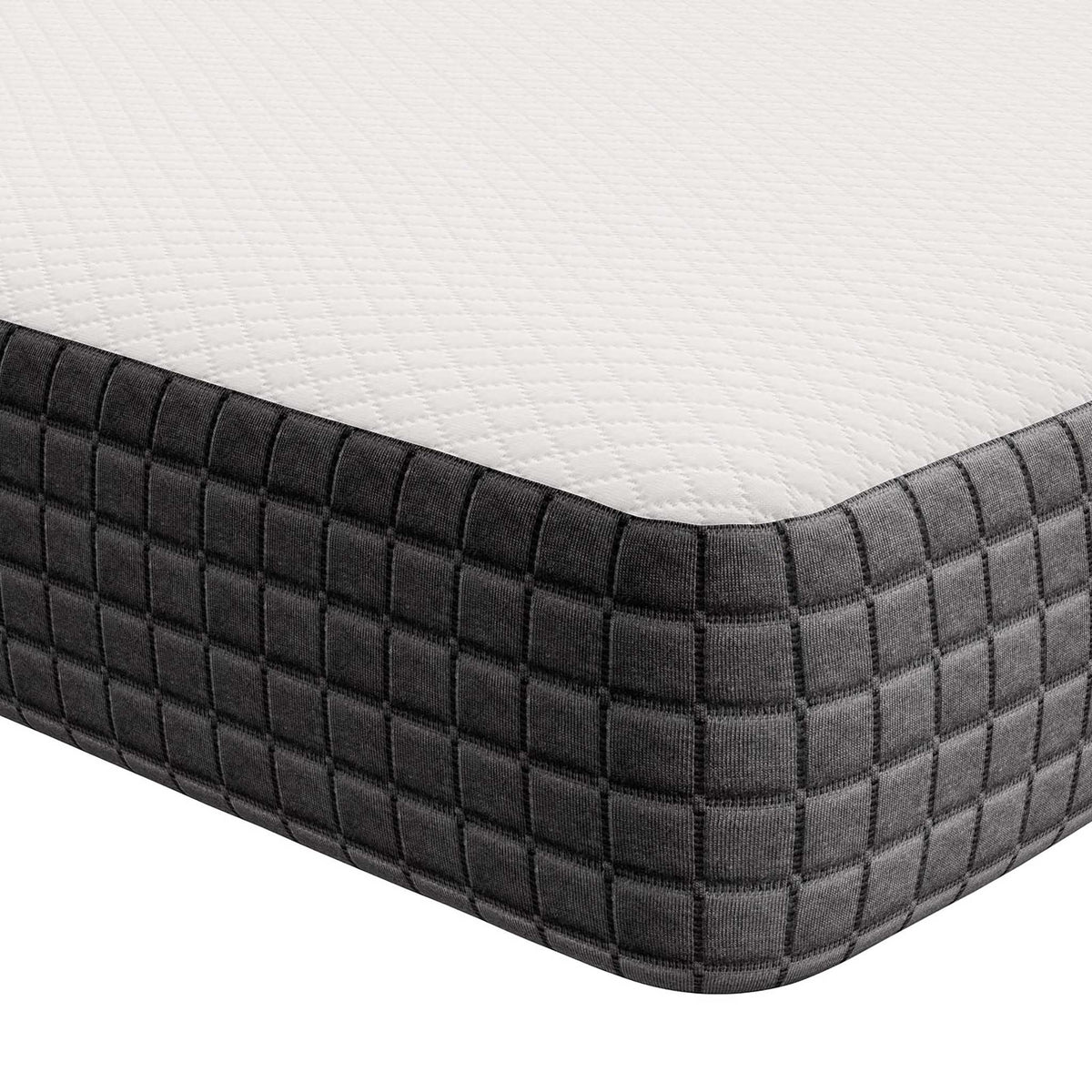 A narrow charcoal quilted border curves beneath the white knit sleep surface.