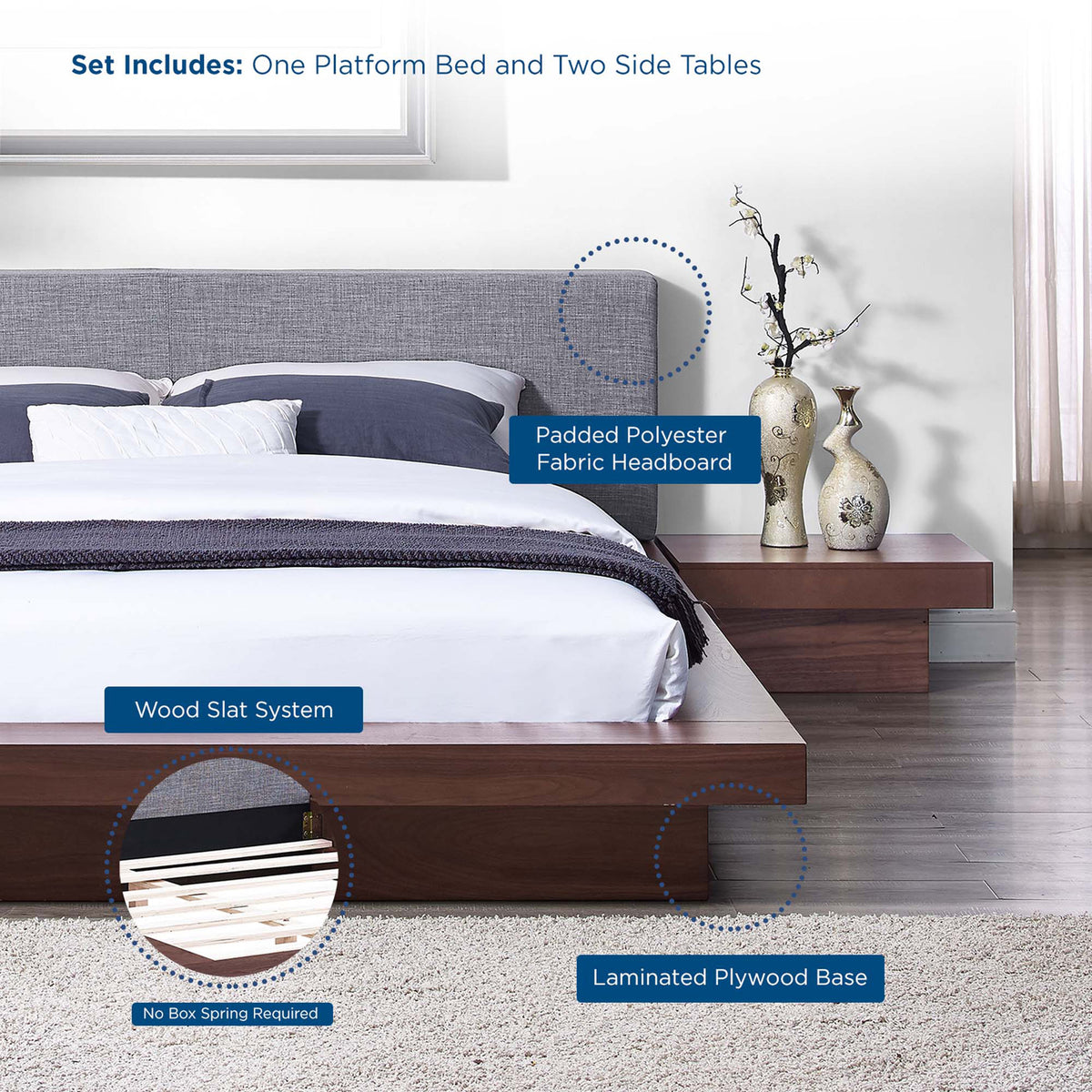 A padded fabric headboard, wood slats, and side tables deliver coordinated style and sturdy support