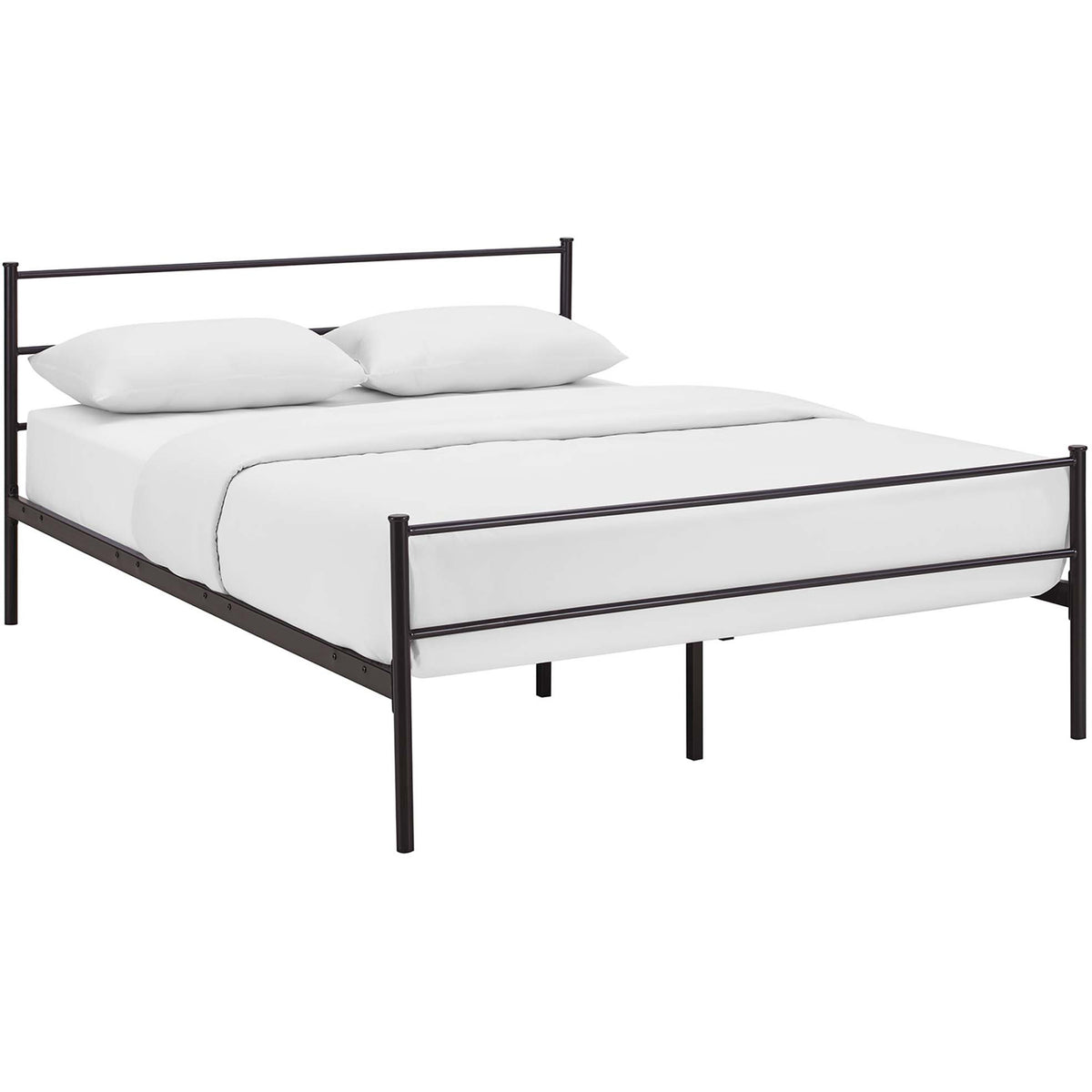 Dark brown queen platform bed pairs a slim rail headboard and footboard with an open profile. || MOD-5553-BRN-SET || front_angle_studio