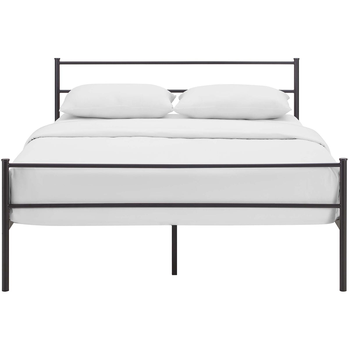 Dark brown steel bed features horizontal rail ends and a slender center support. || MOD-5553-BRN-SET || front_studio