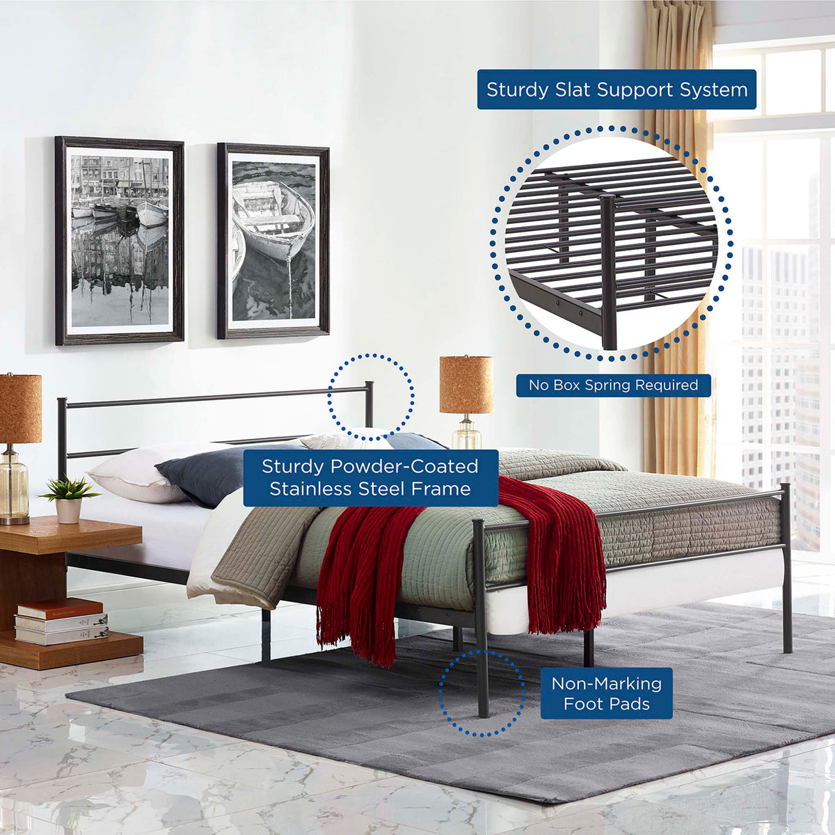 Dark brown bed frame offers sturdy slat support, nonmarking feet and no need for a box spring.