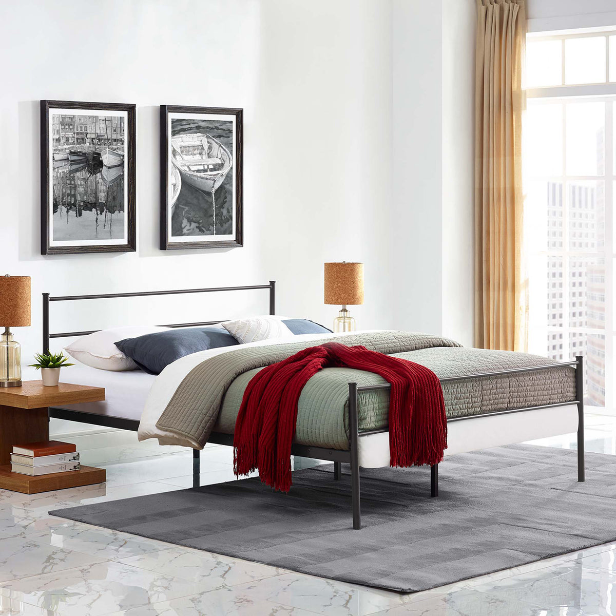 Dark brown metal bed adds rustic simplicity with open rail ends and underbed space.
