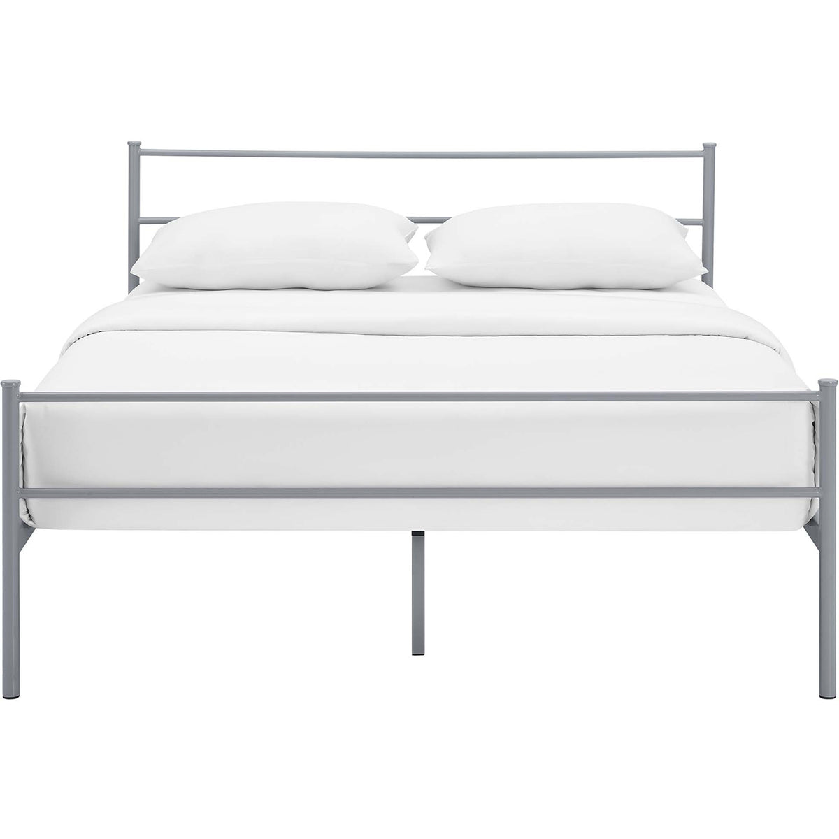 Gray metal bed combines a linear headboard and footboard with an elevated base. || MOD-5553-GRY-SET || front_studio