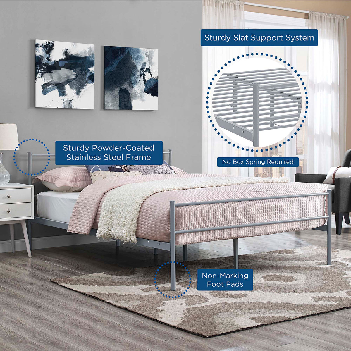 Gray powder-coated bed frame includes supportive slats and nonmarking foot pads; no box spring needed.