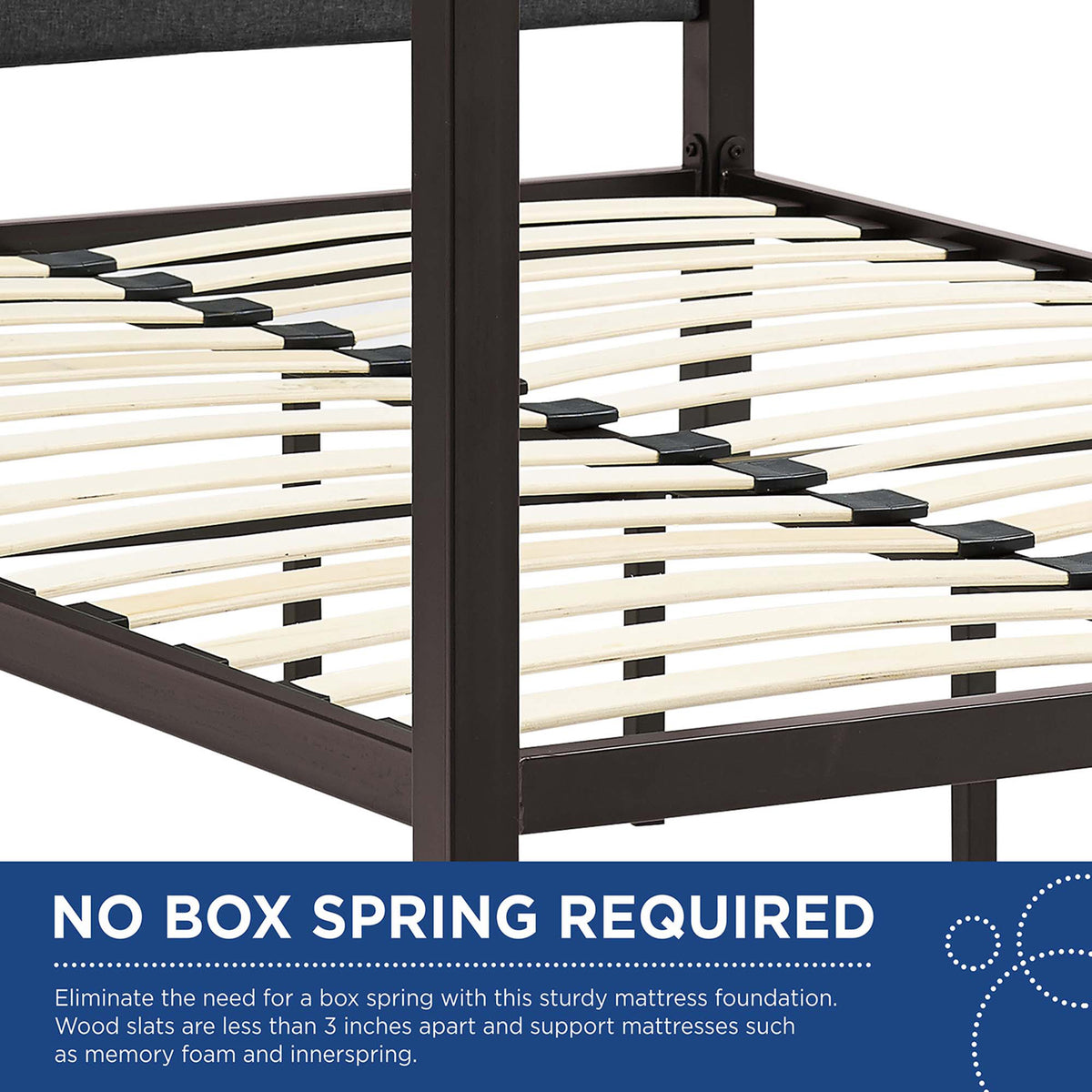 Wood slats provide a mattress foundation that needs no box spring.