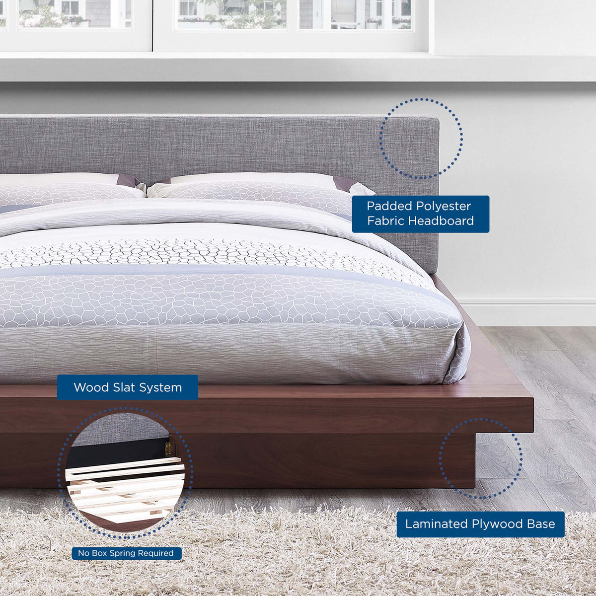 A padded fabric headboard, wood slats, and a walnut base offer comfort and support