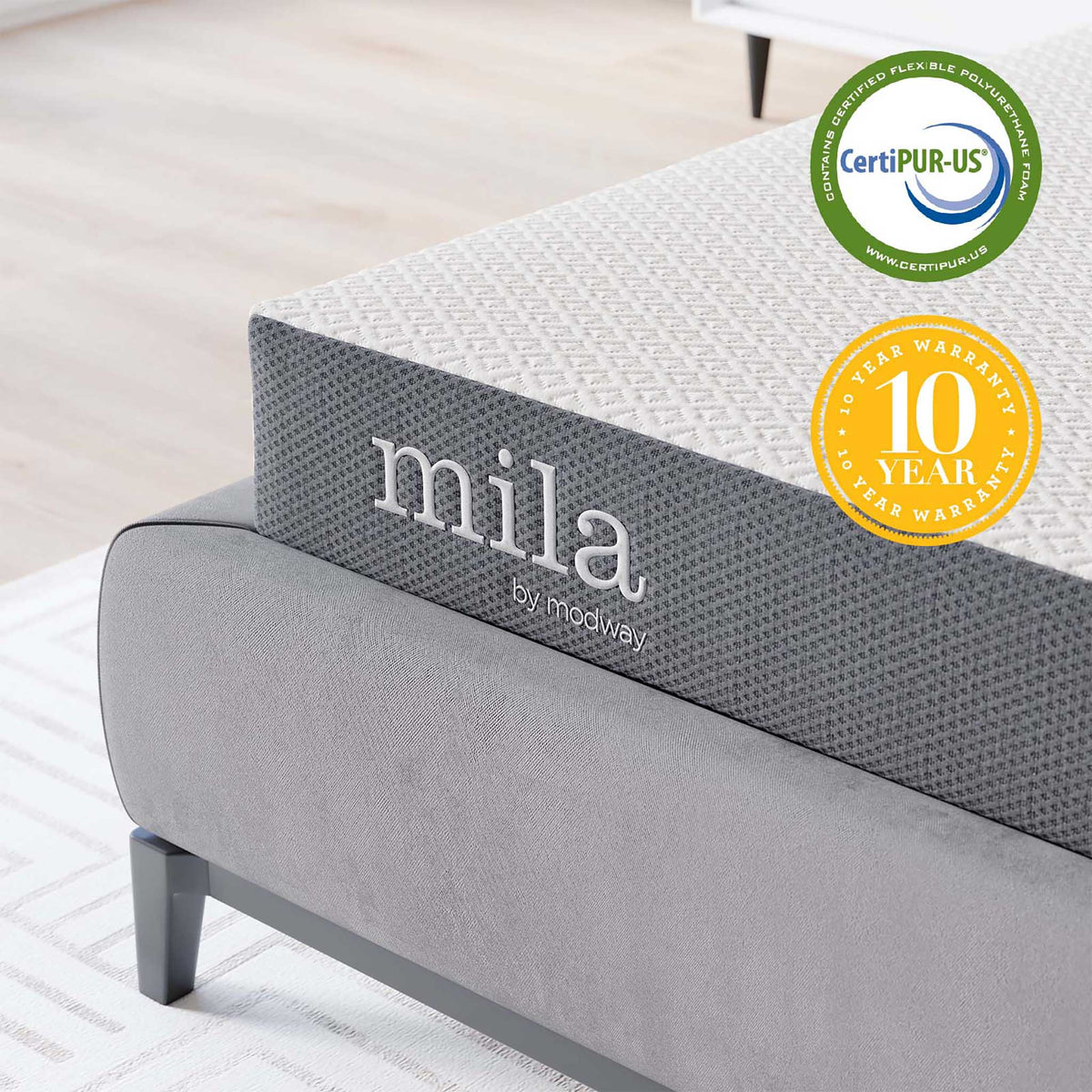 Certified foam and a textured white knit cover come with a 10-year warranty