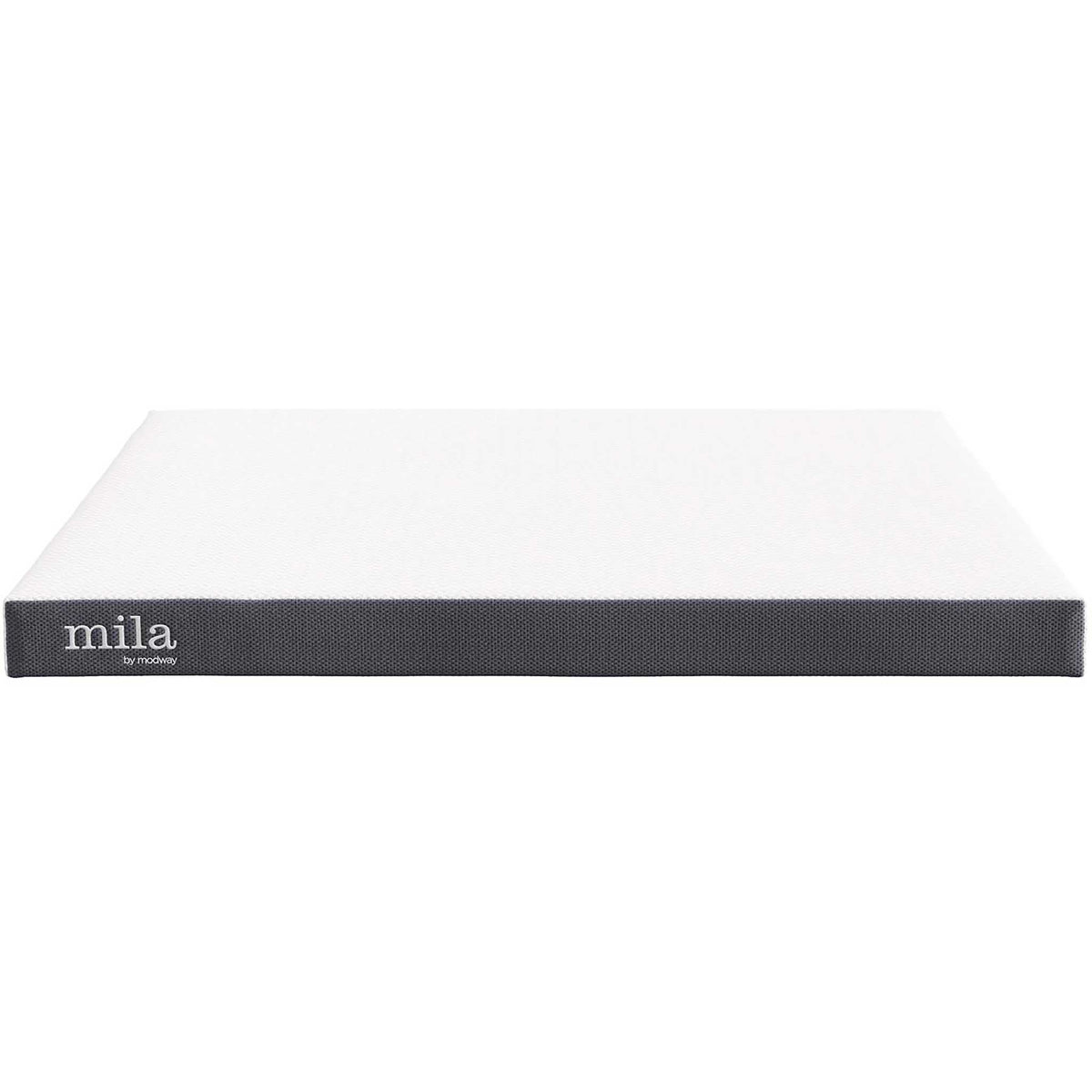 The low-profile king mattress features a bright white top and slender dark gray side panel || MOD-5736-WHI || front_studio
