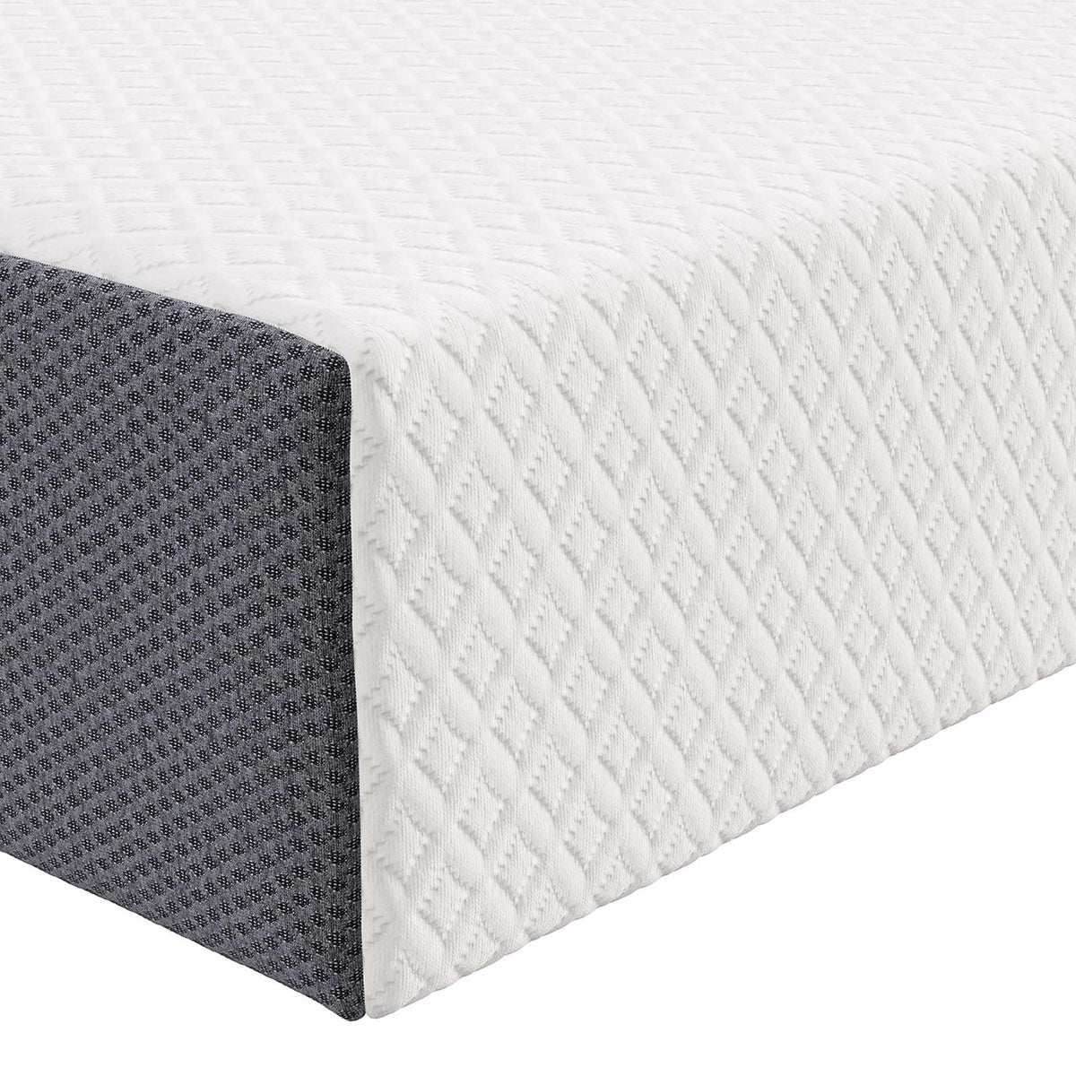Diamond-textured white fabric wraps one edge beside a contrasting woven gray border