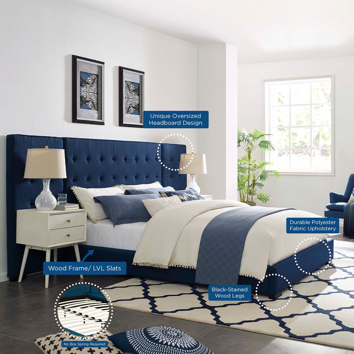 An oversized tufted headboard, wood slats and black-stained legs define the azure blue bed.