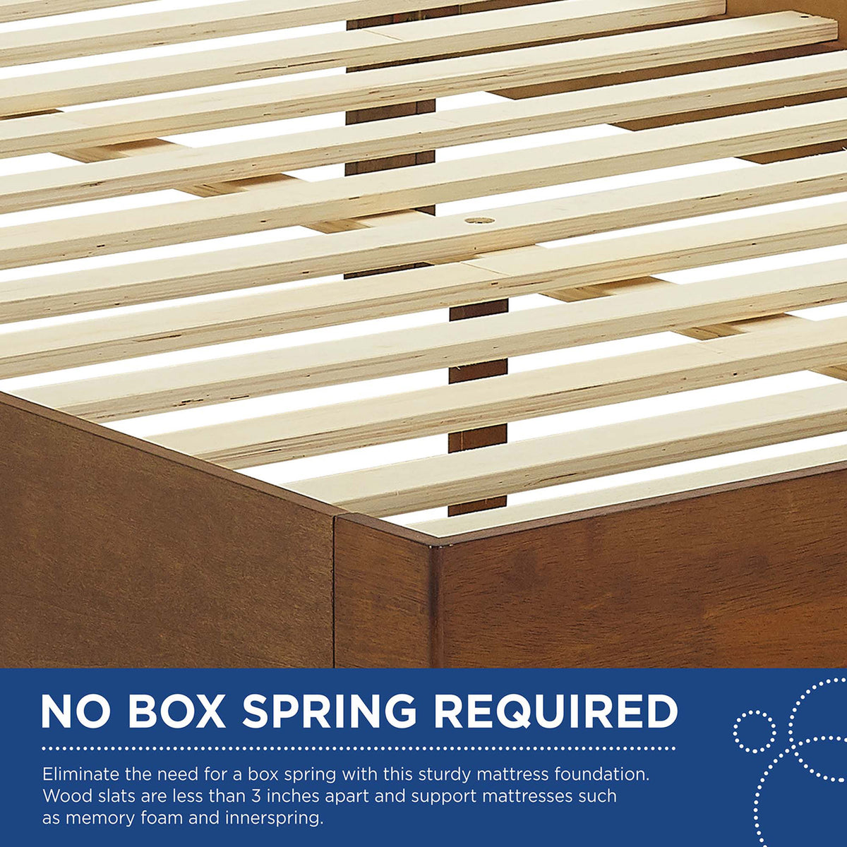 Closely spaced wood slats provide sturdy mattress support without a box spring.