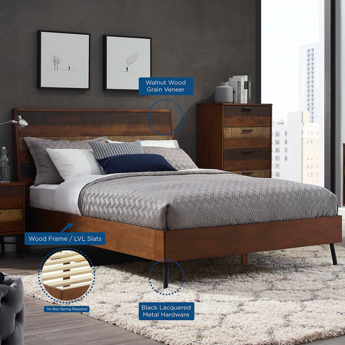 Walnut wood-grain veneer, supportive wood slats and black metal legs enhance the platform bed.