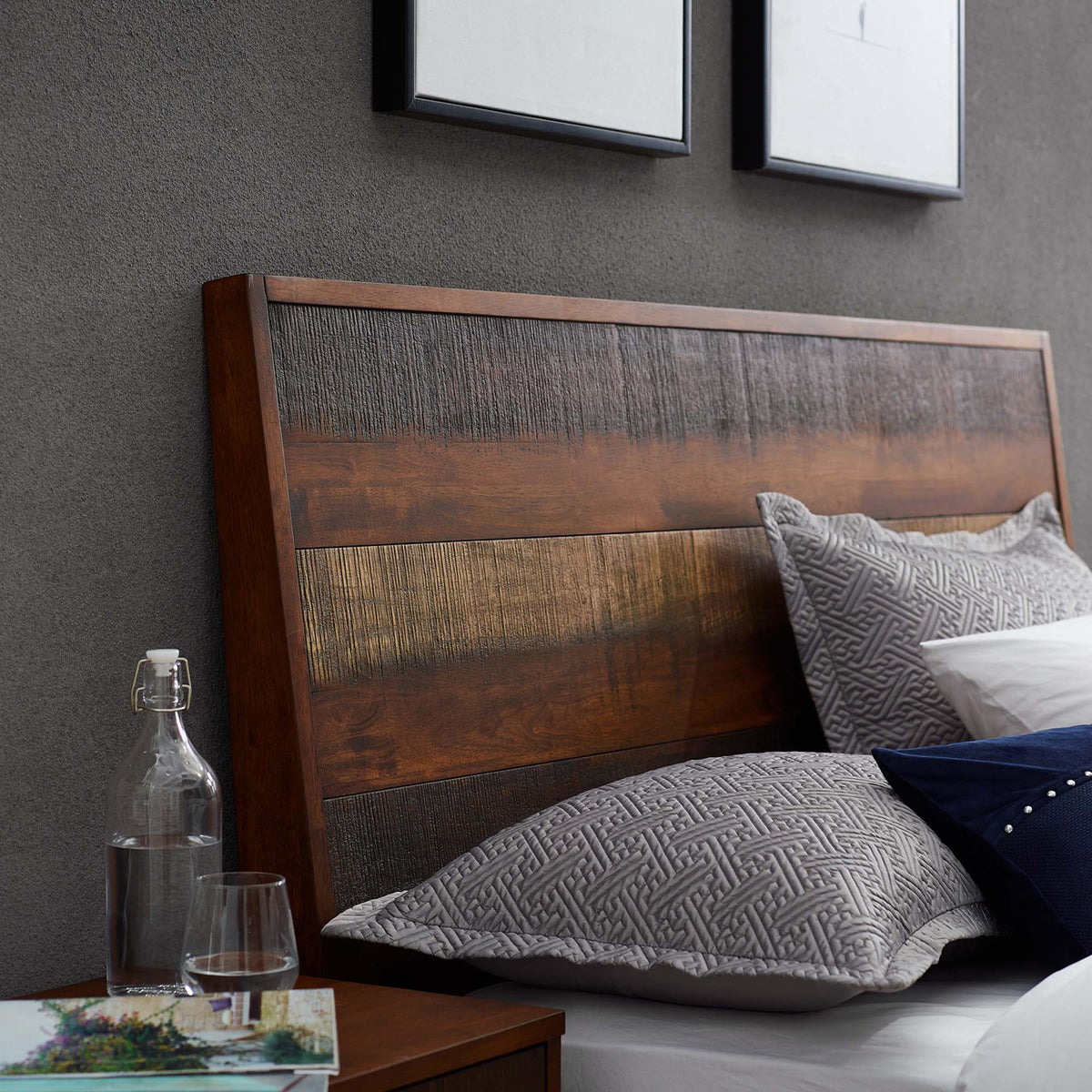 Dark and warm wood-grain bands add rich texture to the walnut-finished headboard.