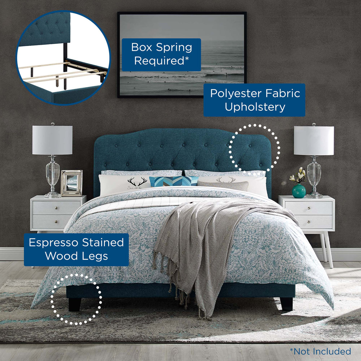 Azure fabric bed combines button tufting and espresso-stained wood legs; box spring required