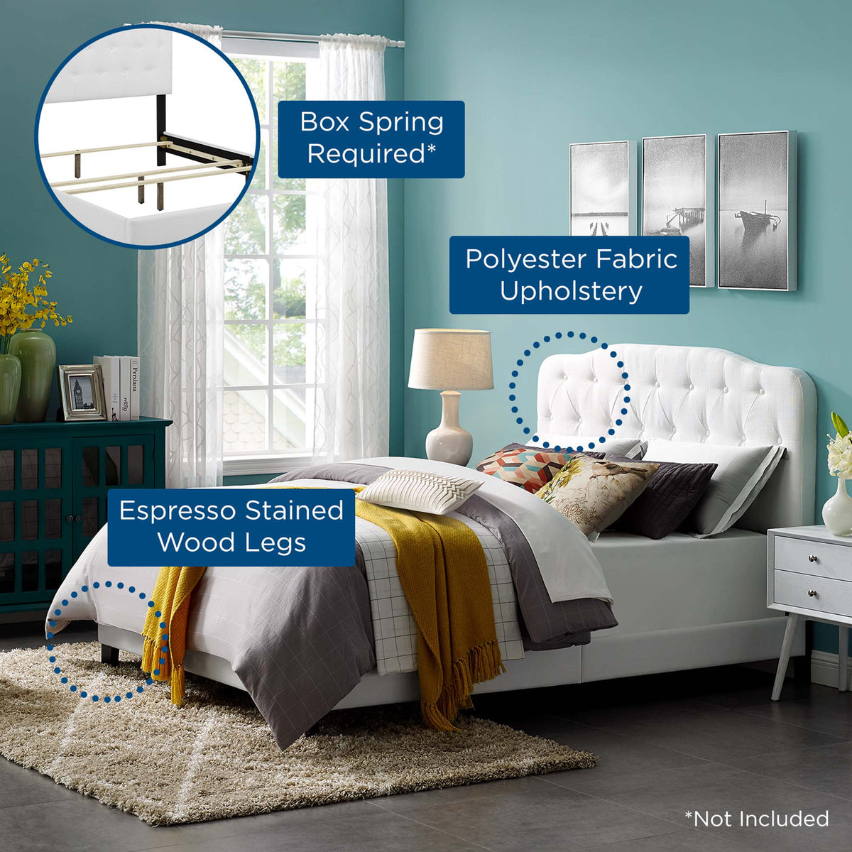 White fabric bed features button tufting and espresso-stained wood legs; box spring required