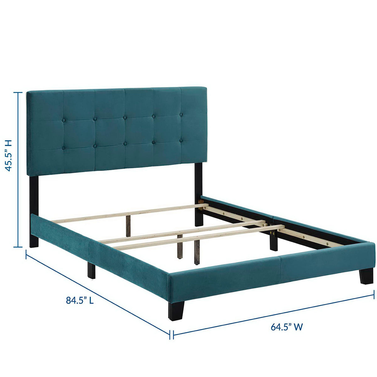 Sea blue velvet queen bed measures 84.5 inches long, 64.5 inches wide, and 45.5 inches high.