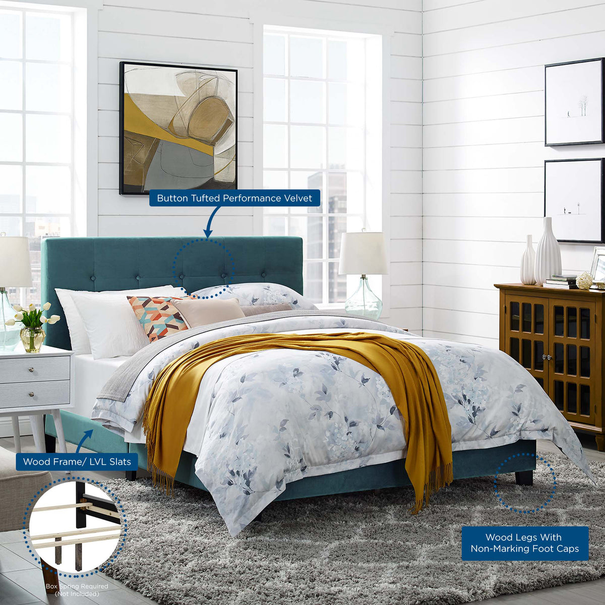 Sea blue velvet queen bed pairs a button-tufted headboard with wood supports and non-marking foot caps.