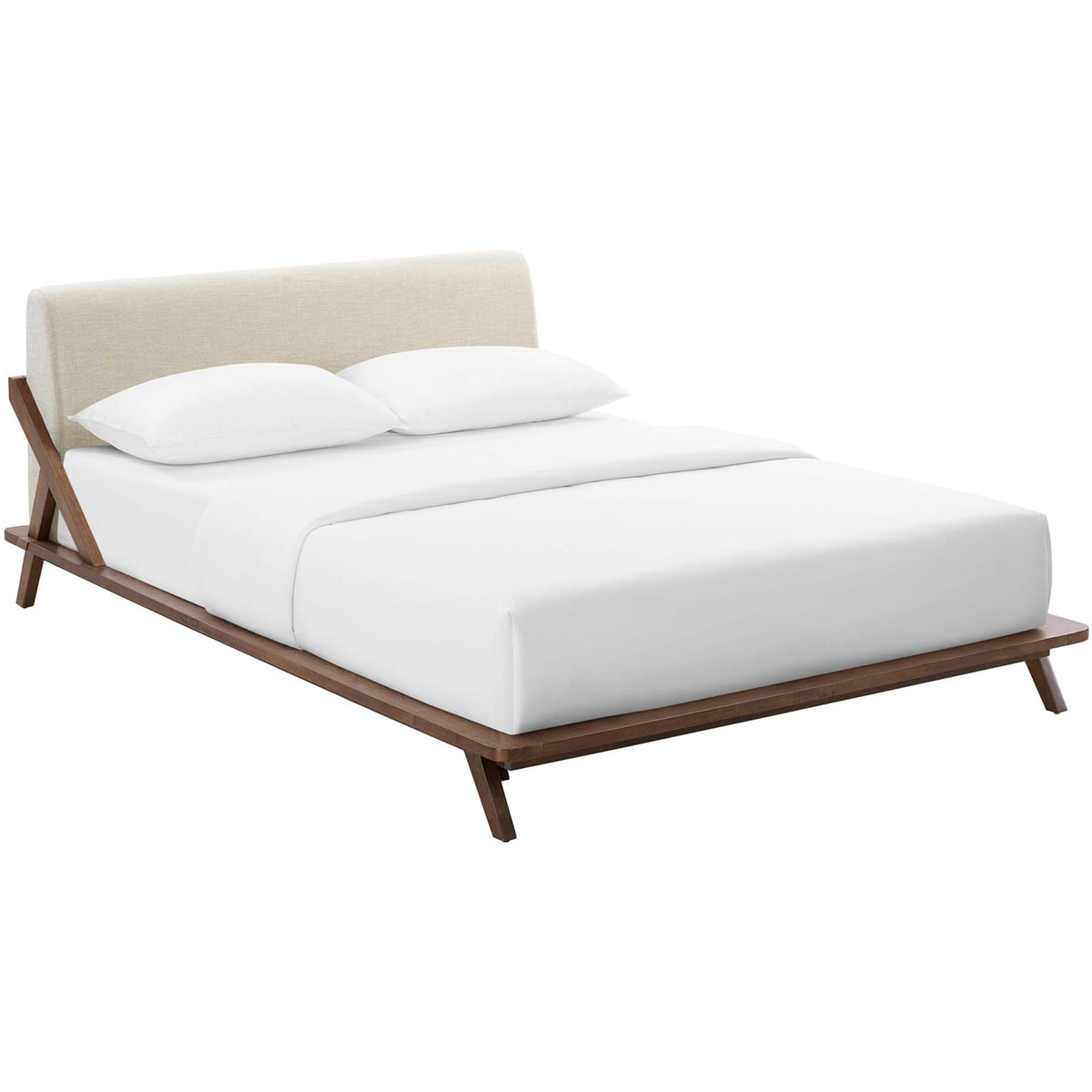 A beige upholstered headboard and warm wood frame define this low-profile platform bed || MOD-6047-WAL-BEI || front_angle_studio