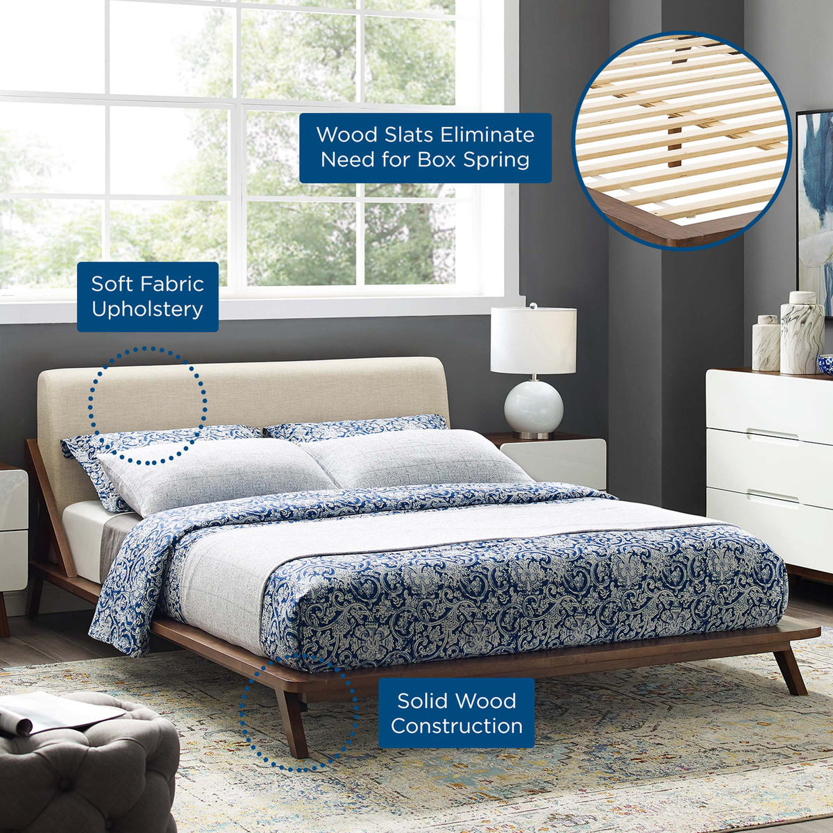 Soft fabric upholstery, solid wood construction, and supportive slats create a sturdy platform bed
