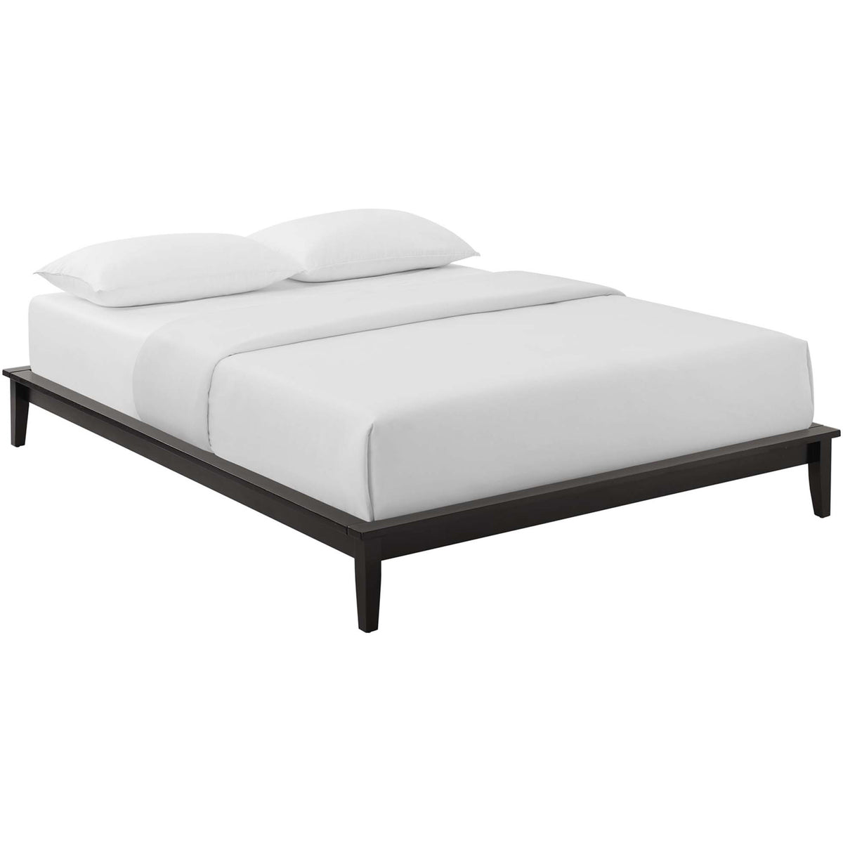 Cappuccino wood platform bed frame with slim rails and tapered legs beneath white bedding || MOD-6055-CAP || front_angle_studio