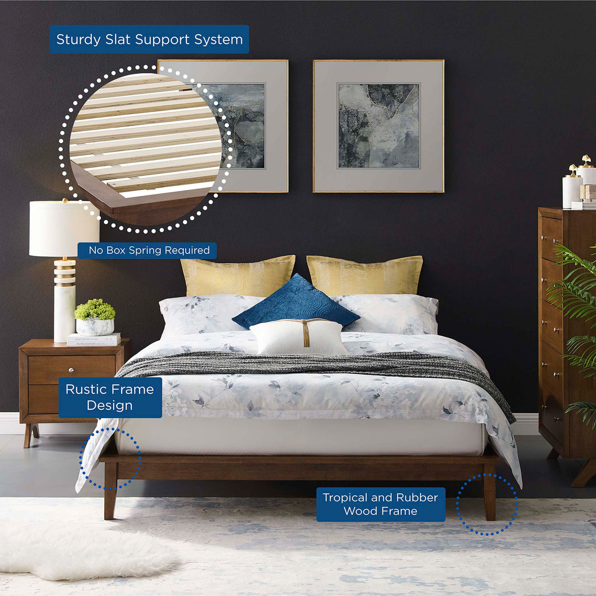 Rustic wood frame pairs tapered legs with sturdy slat support, with no box spring required