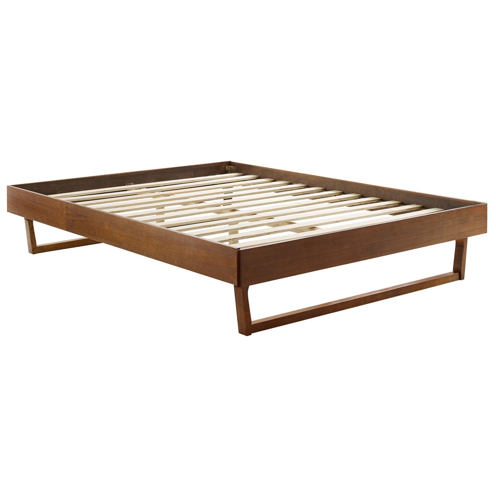 Sturdy walnut platform frame with closely spaced wood slats that eliminate the need for a box spring || MOD-6214-WAL || front_angle_studio