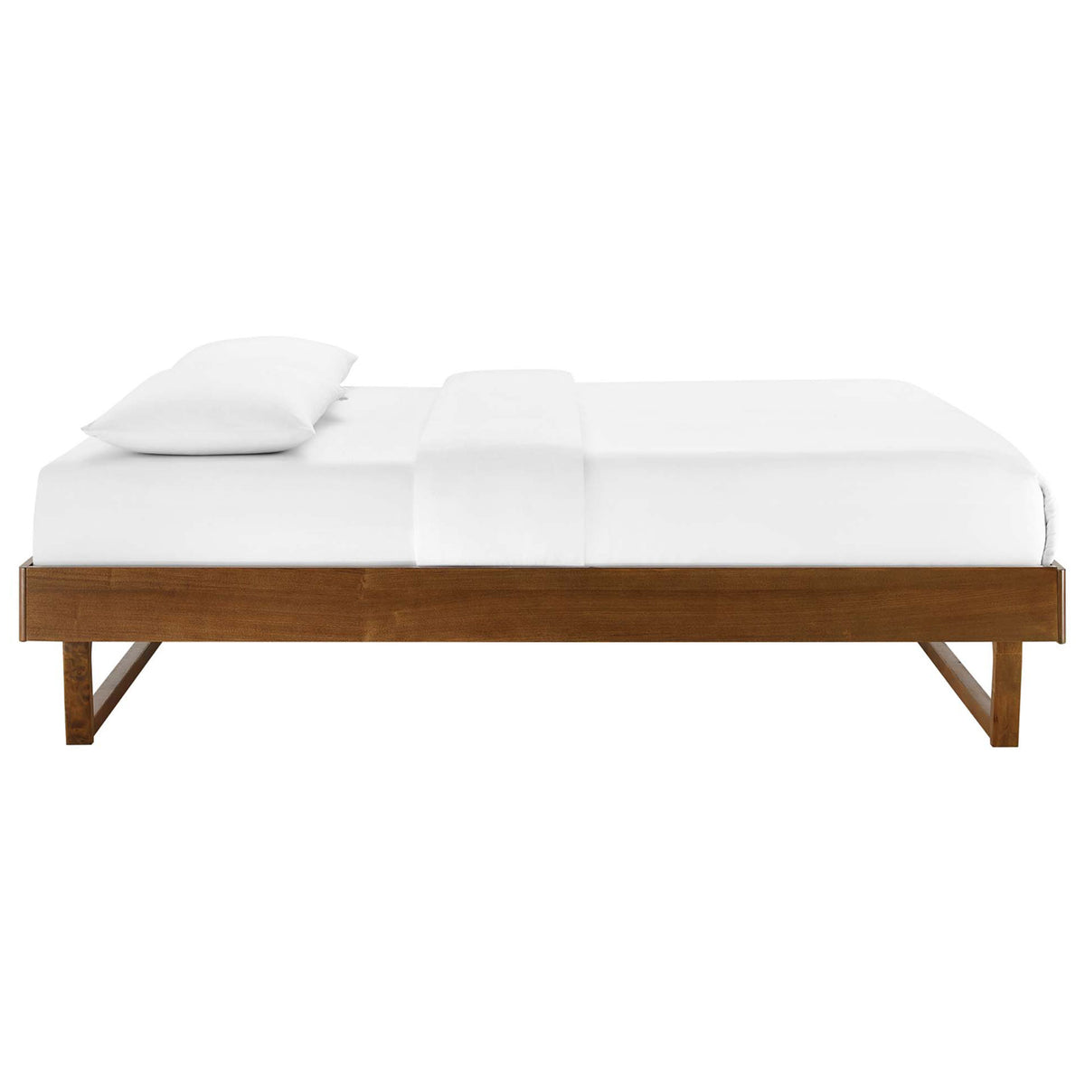 Low-profile platform silhouette in warm walnut wood with streamlined rails and modern sled base || MOD-6214-WAL || side_studio