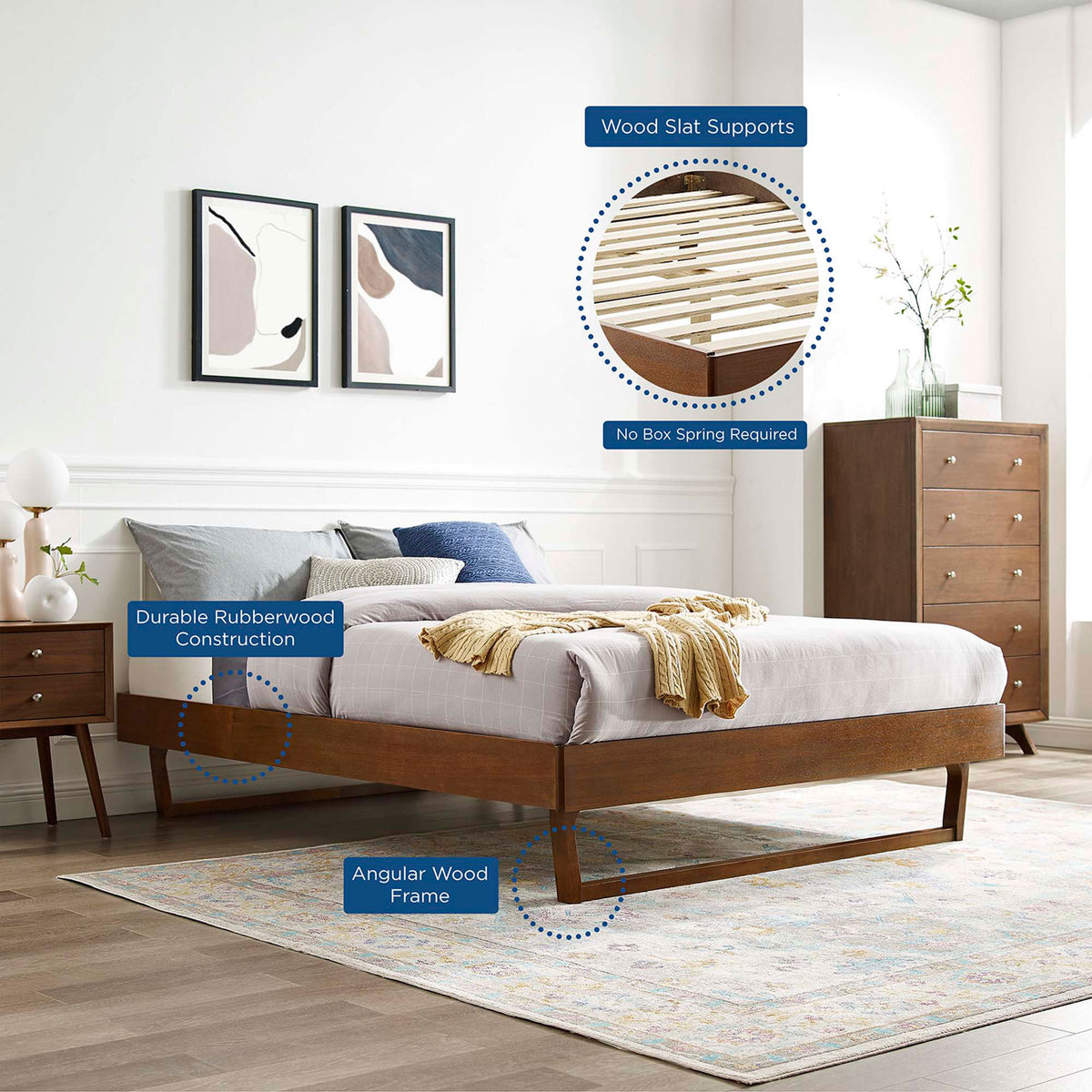 Walnut platform bed featuring wood slat support, durable rubberwood build, and no box spring required || MOD-6214-WAL || callout_room