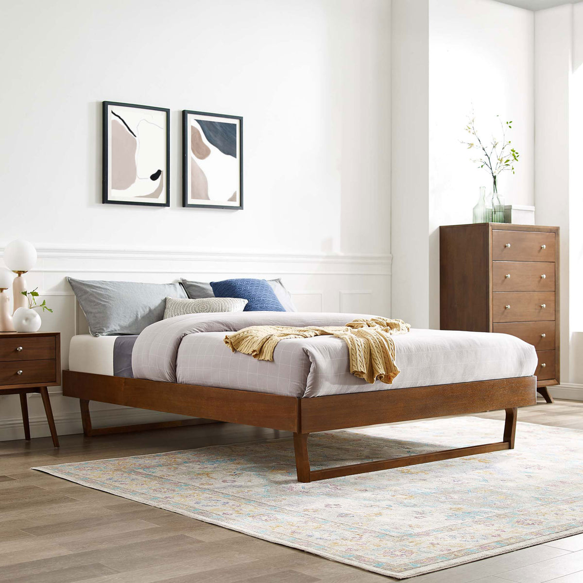 Walnut platform bed elevates a cozy bedroom with mid-century lines and a warm, inviting finish || MOD-6214-WAL || front_angle_room