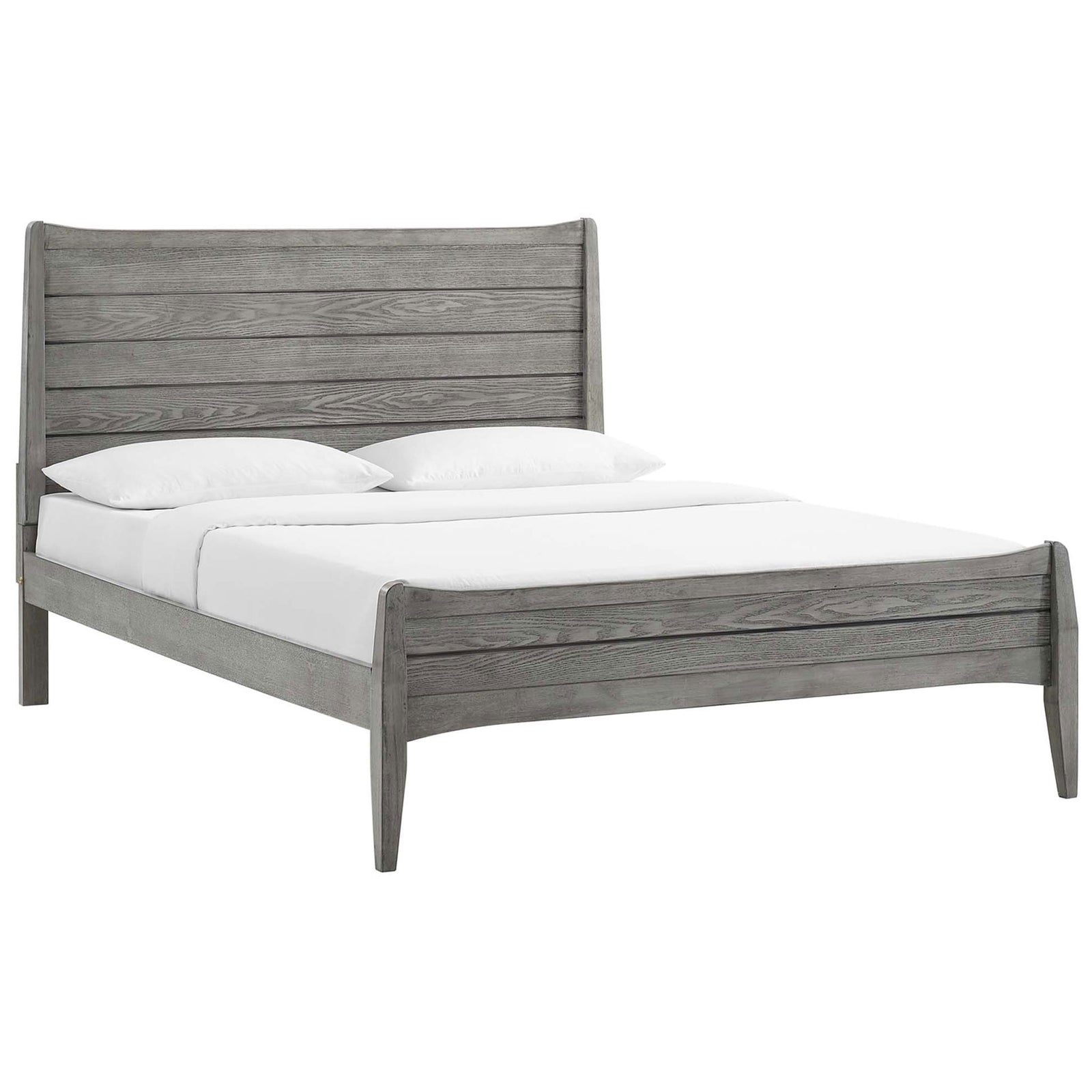 Modern farmhouse platform bed with slatted headboard and footboard in drifted gray wood grain || MOD-6238-GRY || front_angle_studio