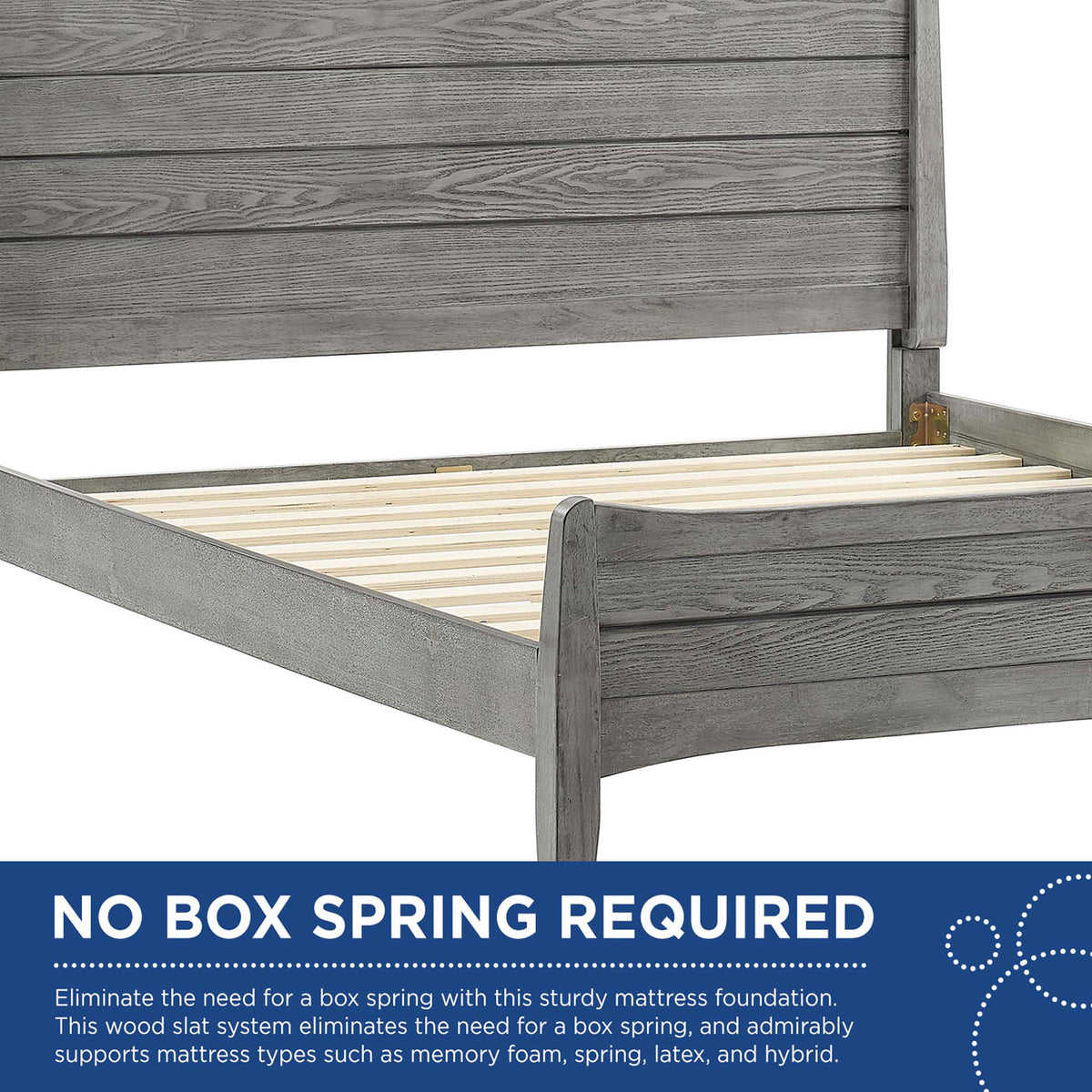 Integrated wood slat system provides reliable mattress support with no box spring needed || MOD-6238-GRY || callout_studio