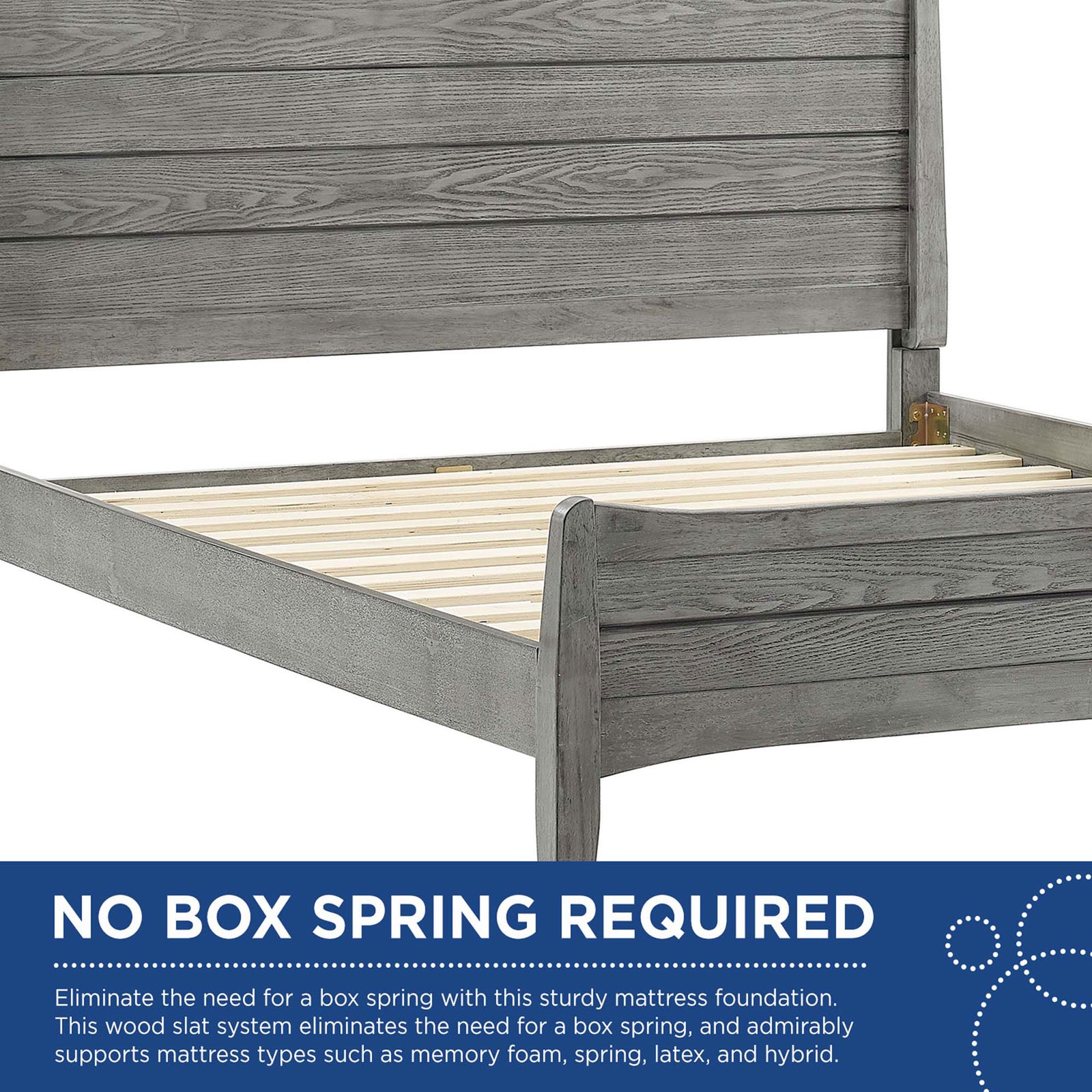 Integrated wood slat system provides reliable mattress support with no box spring needed || MOD-6238-GRY || callout_studio