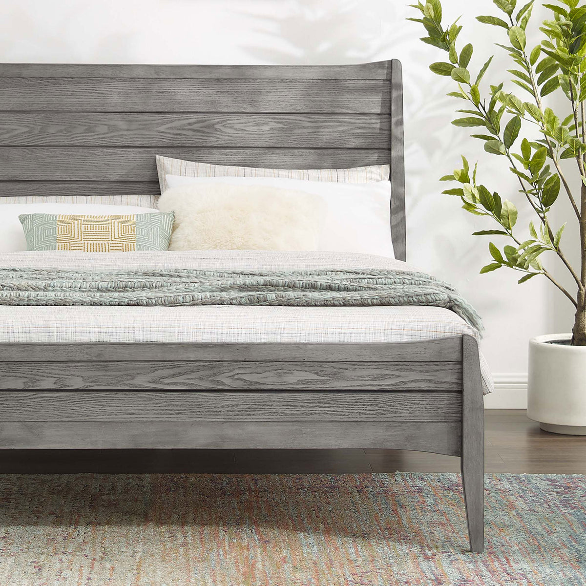 Warm gray finish pairs effortlessly with layered bedding and decor || MOD-6238-GRY || detail_room