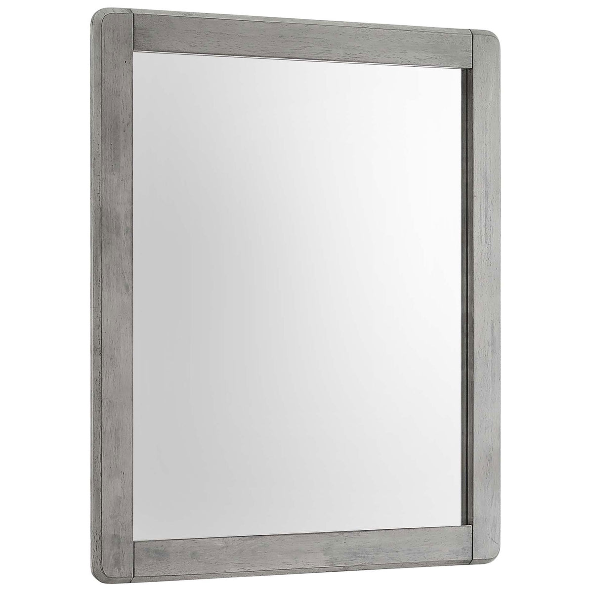 Gray wood-framed wall mirror with rounded corners and rustic farmhouse appeal || MOD-6243-GRY || front_angle_studio