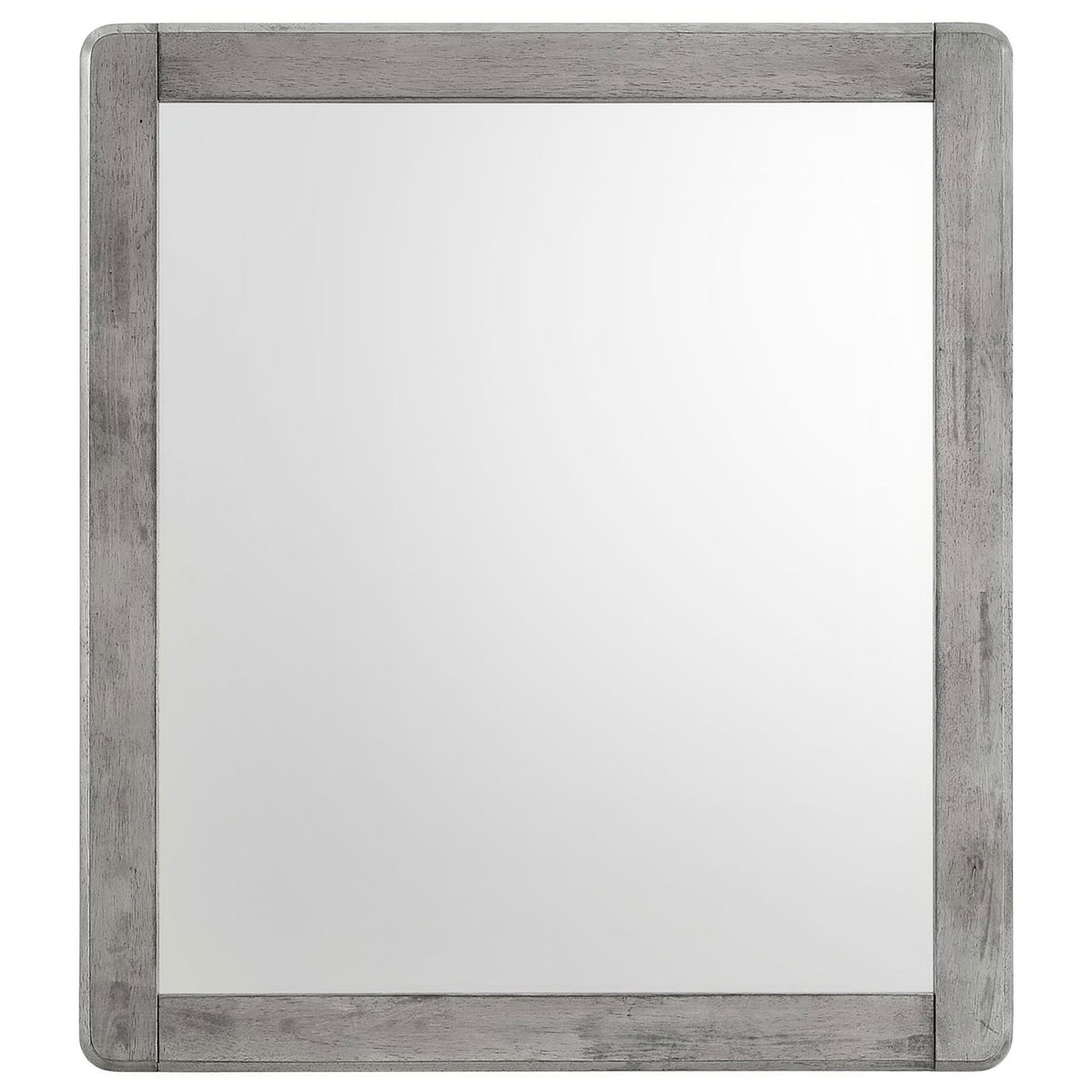 Rectangular gray wood mirror with smooth rounded corners and minimalist frame || MOD-6243-GRY || front_studio