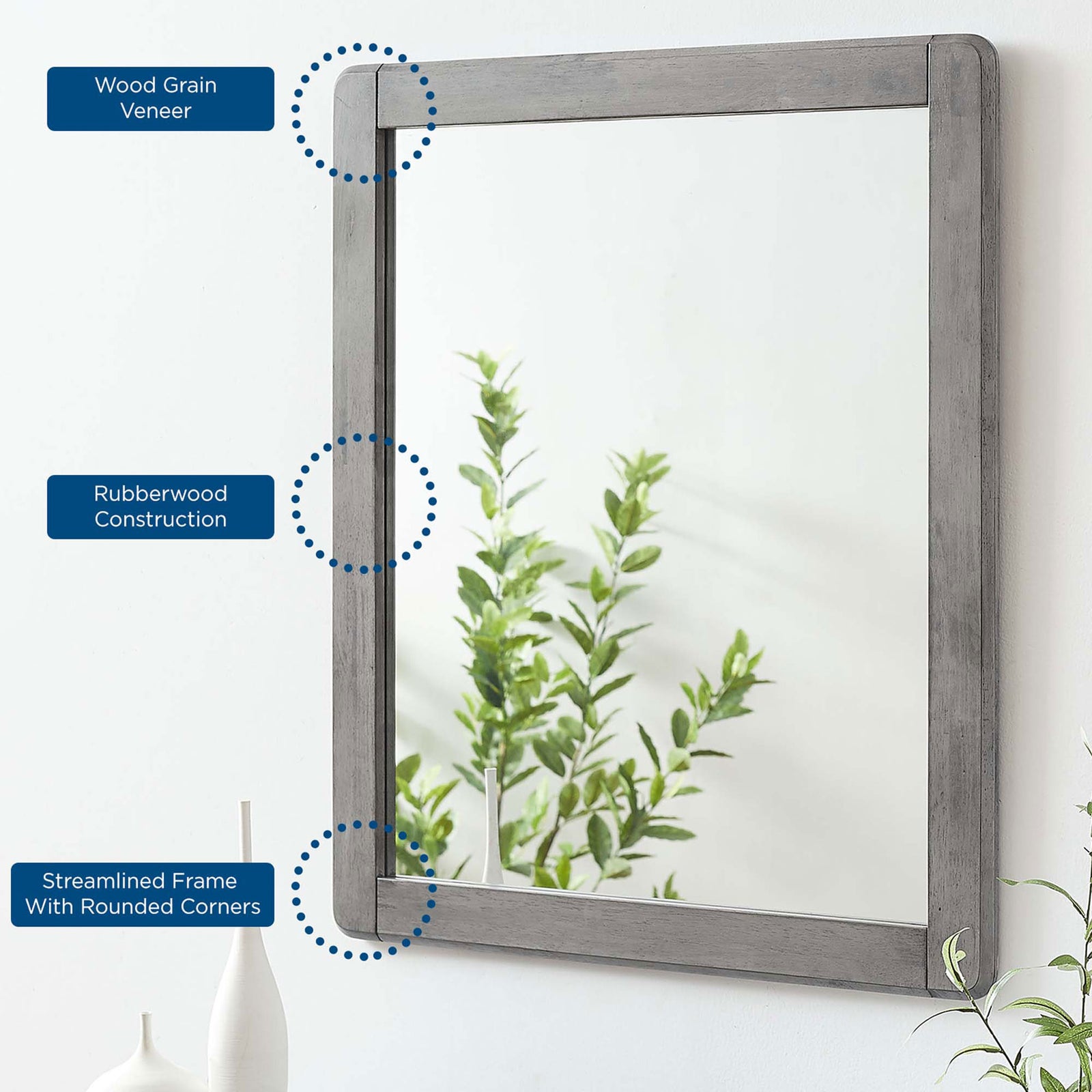 Georgia gray wood mirror showcasing wood grain veneer and solid rubberwood construction || MOD-6243-GRY || callout_room