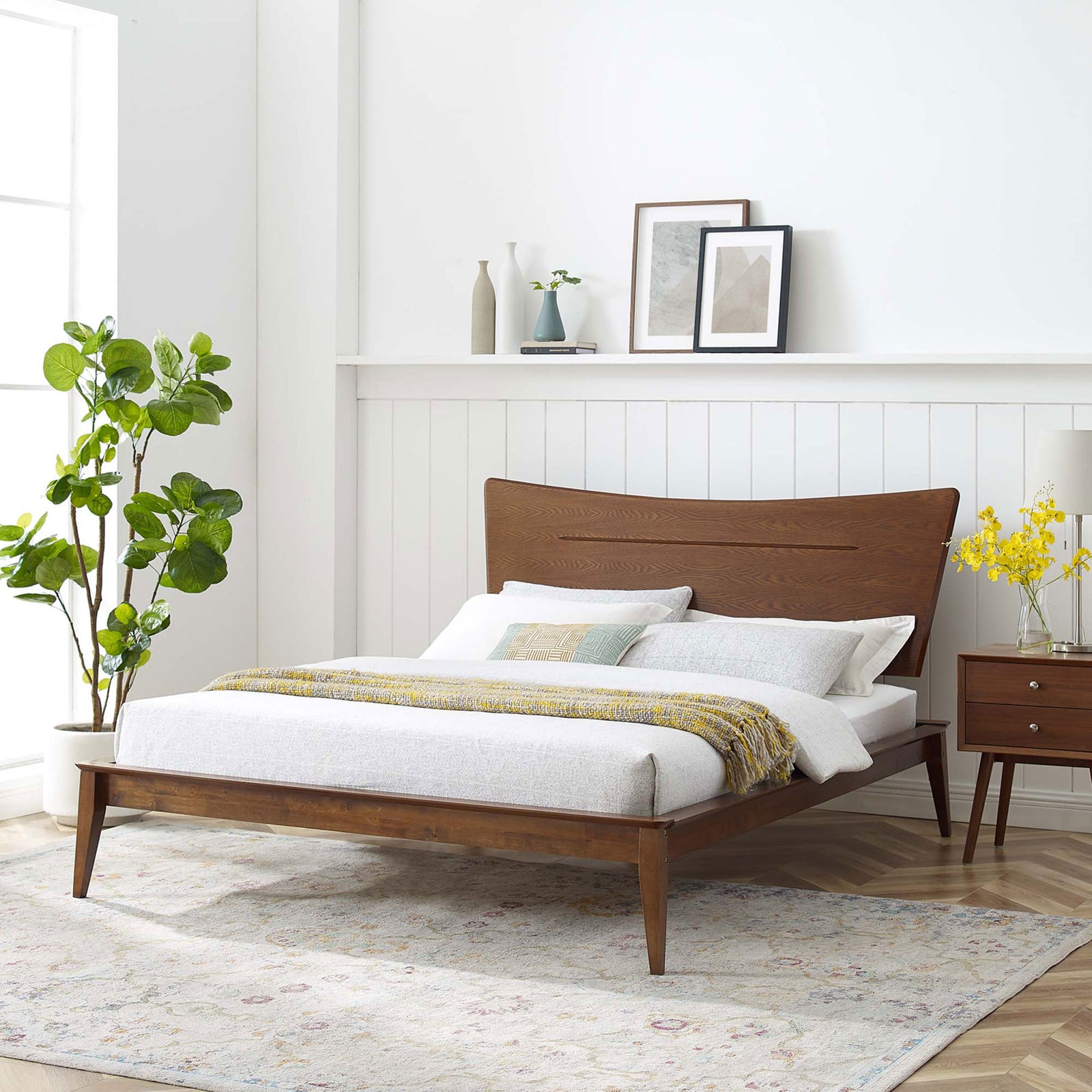 Inviting bedroom scene with a curved walnut headboard and tapered legs in classic mid-century style || MOD-6250-WAL || front_angle_room