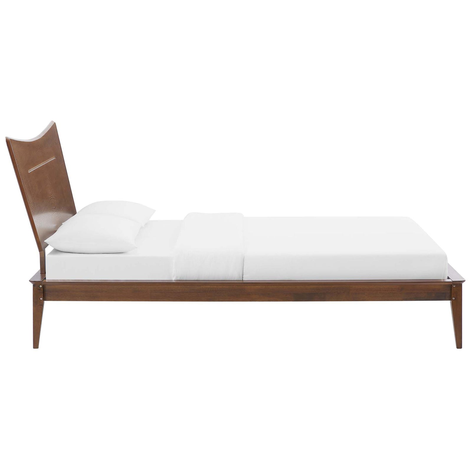 Slim profile frame and a gently reclined headboard create a streamlined silhouette in warm walnut || MOD-6250-WAL || side_studio