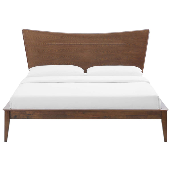 Sculpted walnut headboard showcases graceful grain and anchors this minimalist platform design || MOD-6250-WAL || front_studio
