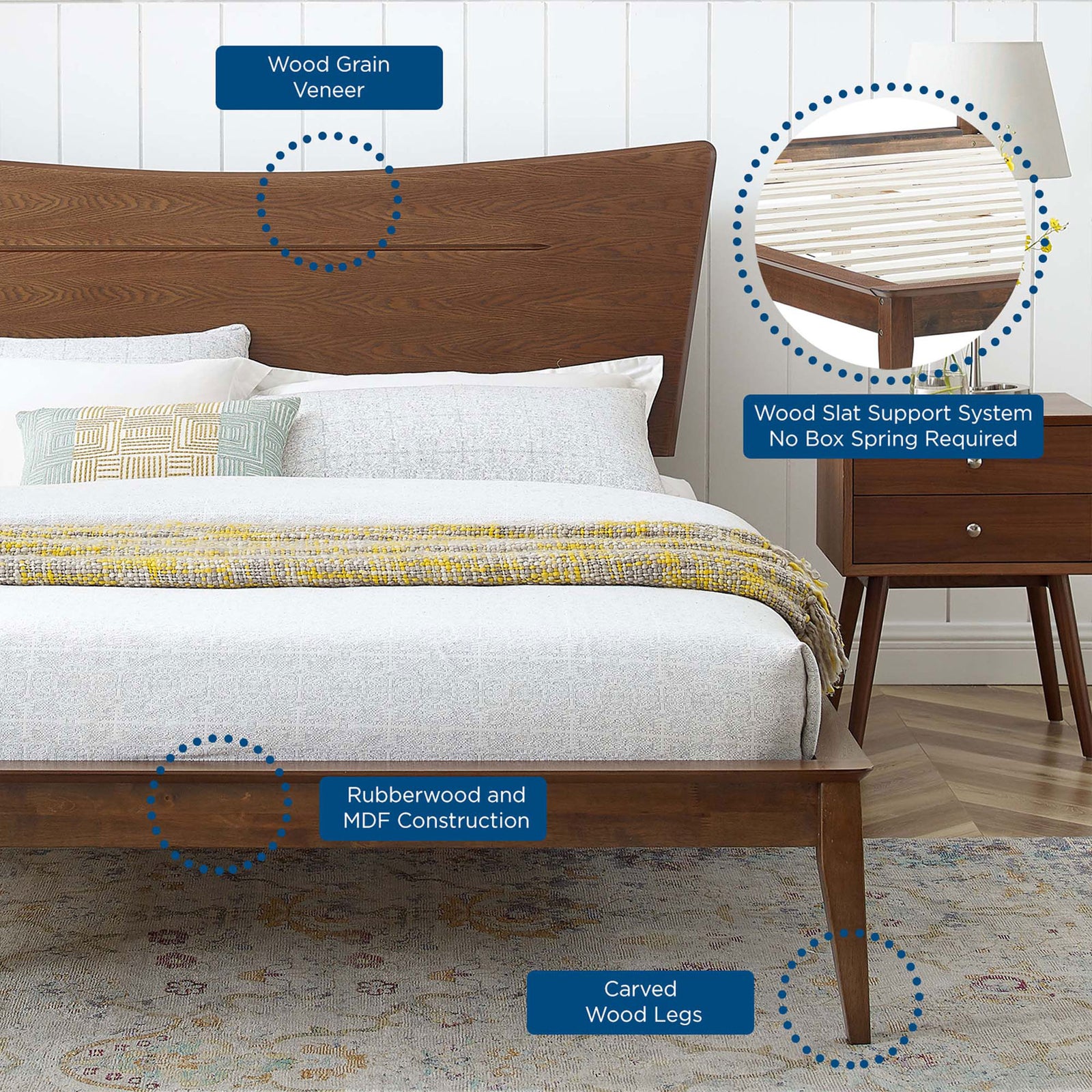 Bedroom scene highlighting wood grain veneer, carved legs, and the slat support system || MOD-6250-WAL || callout_room