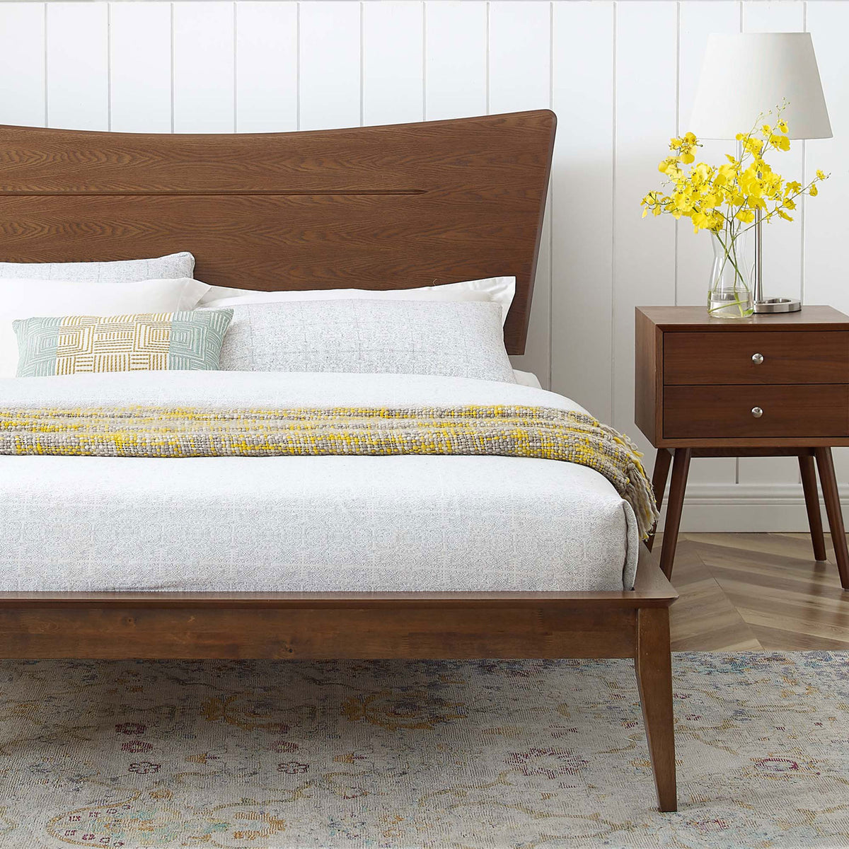 Warm walnut frame and layered neutral bedding create a cozy mid-century look for any bedroom || MOD-6250-WAL || detail_room