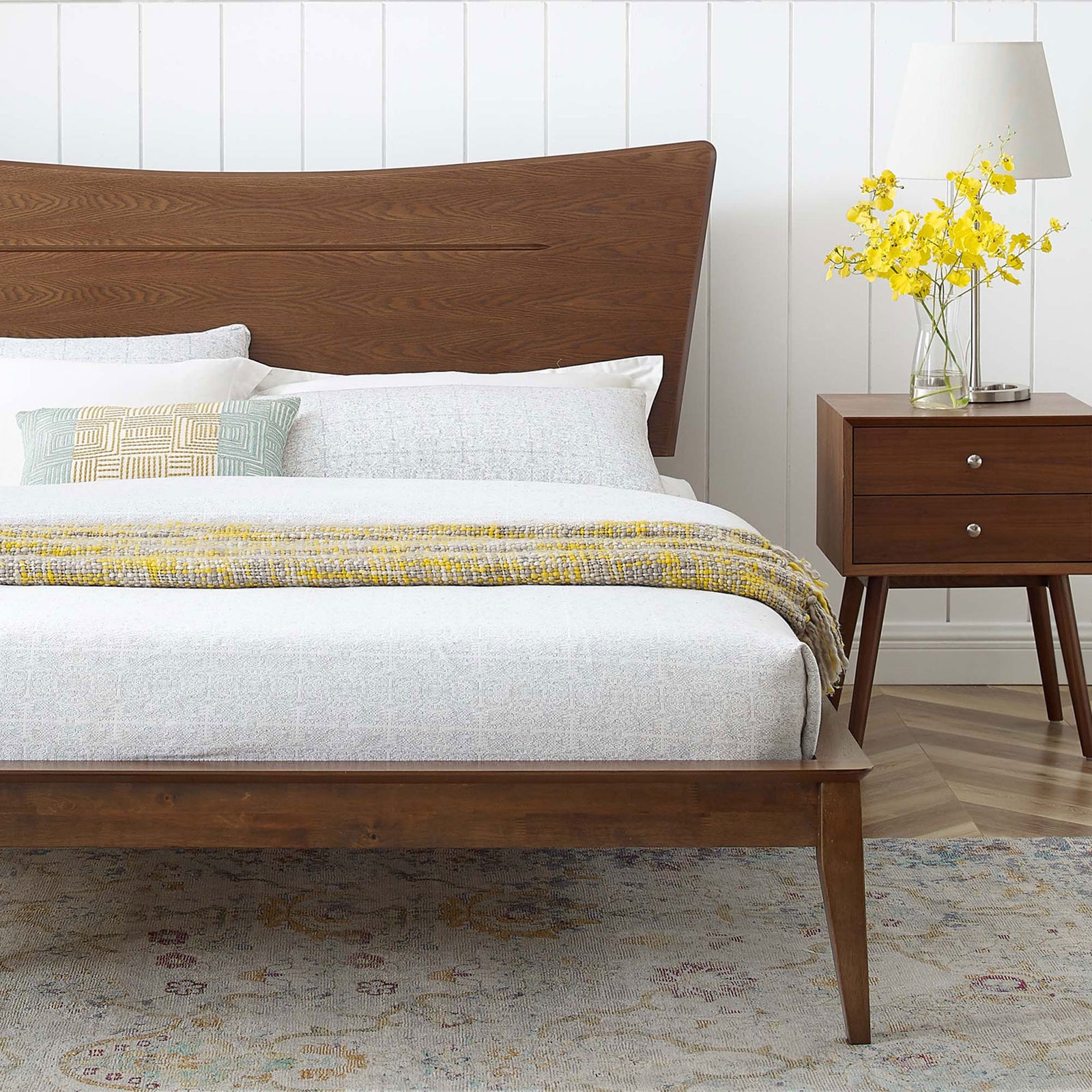 Warm walnut frame and layered neutral bedding create a cozy mid-century look for any bedroom || MOD-6250-WAL || detail_room