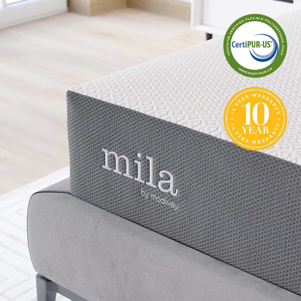 A textured white knit cover and gray side panel pair with certified foam and a 10-year warranty