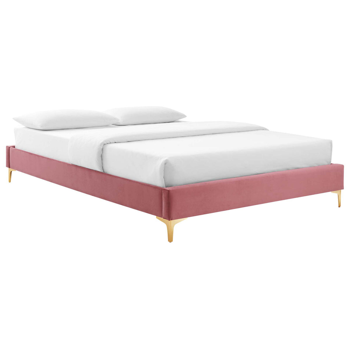 Upholstered platform bed frame in dusty rose velvet with tapered gold legs and smooth, tailored edges. || MOD-6275-DUS || front_angle_studio