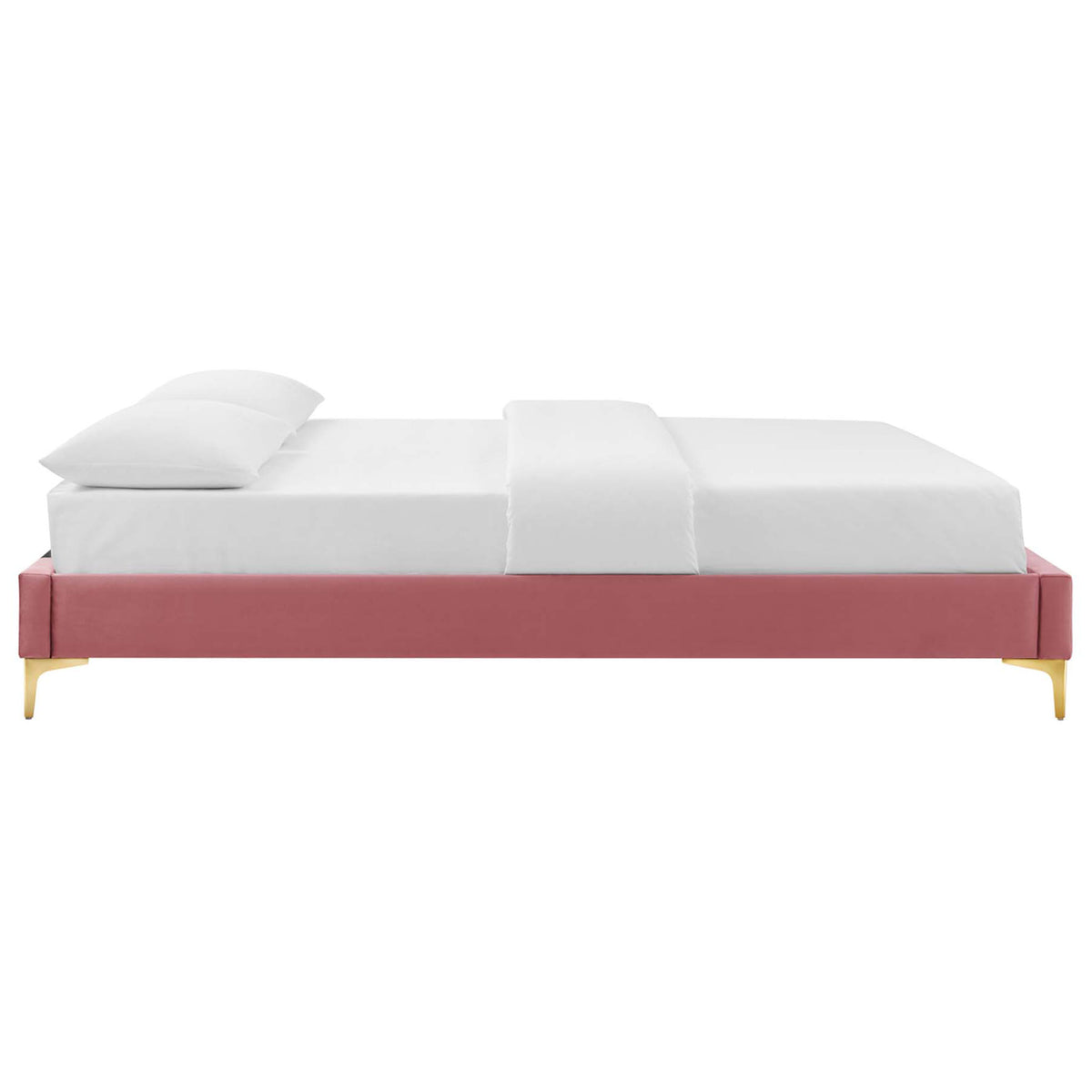 Slim side profile highlights the plush velvet rails and modern gold legs of this platform frame. || MOD-6275-DUS || side_studio