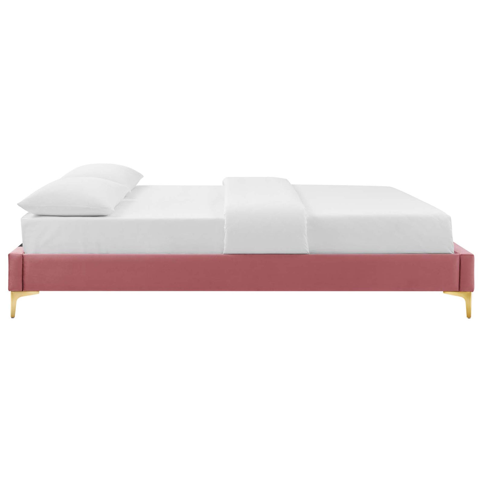 Slim side profile highlights the plush velvet rails and modern gold legs of this platform frame. || MOD-6275-DUS || side_studio