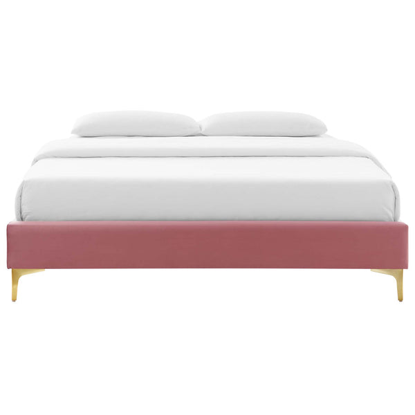 Dusty rose velvet platform bed frame with clean lines and gold legs for a chic, low-profile look. || MOD-6275-DUS || front_studio