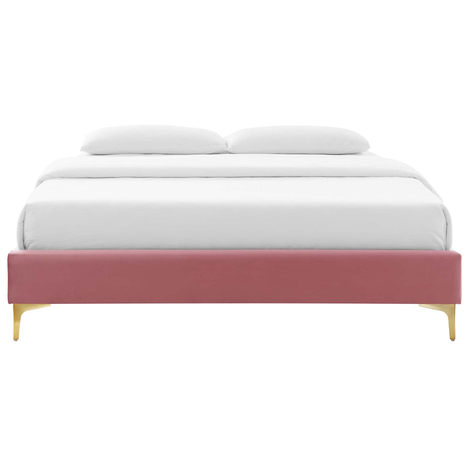 Dusty rose velvet platform bed frame with clean lines and gold legs for a chic, low-profile look. || MOD-6275-DUS || front_studio