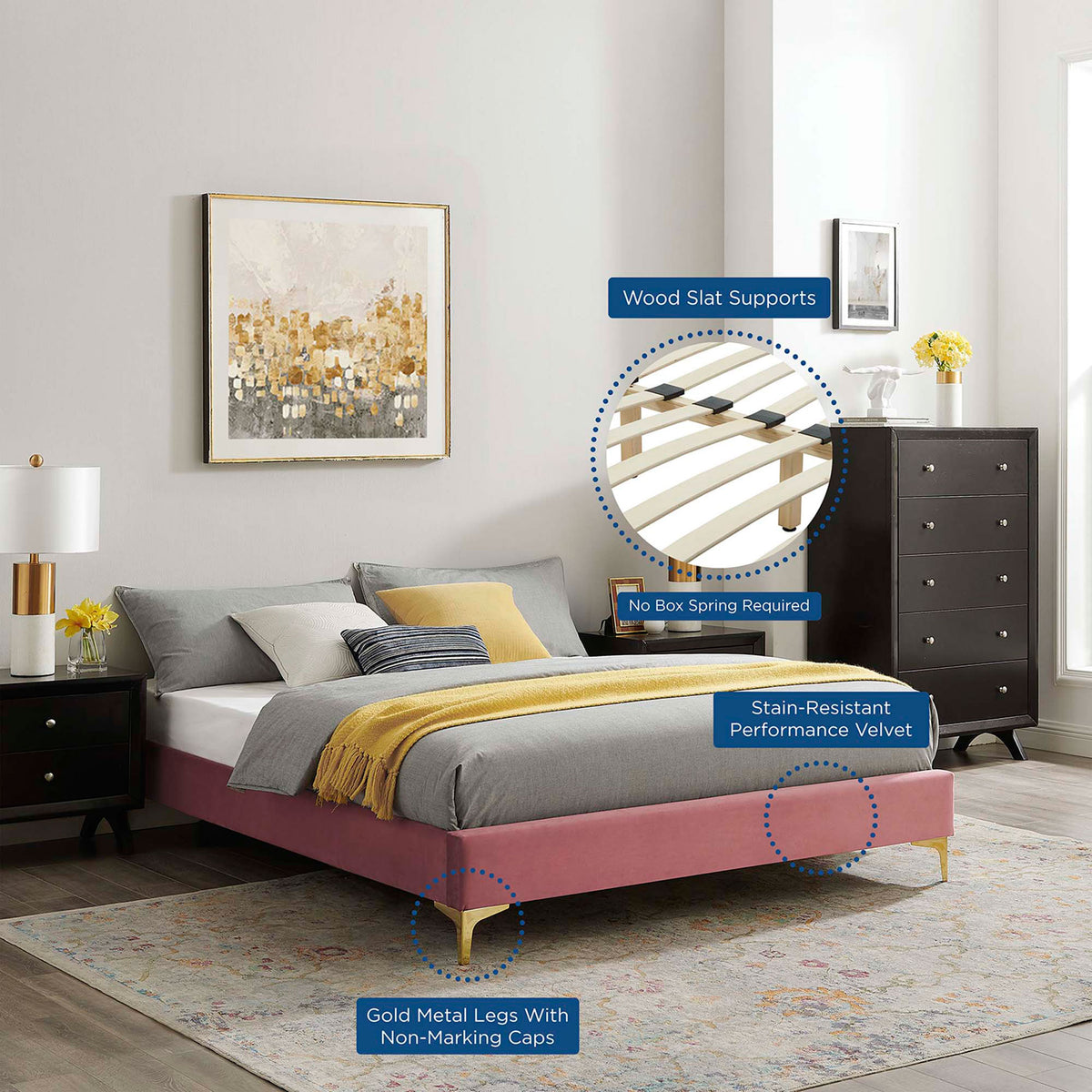 Performance velvet bed frame with wood slat support, no box spring needed, and gold legs. || MOD-6275-DUS || callout_room