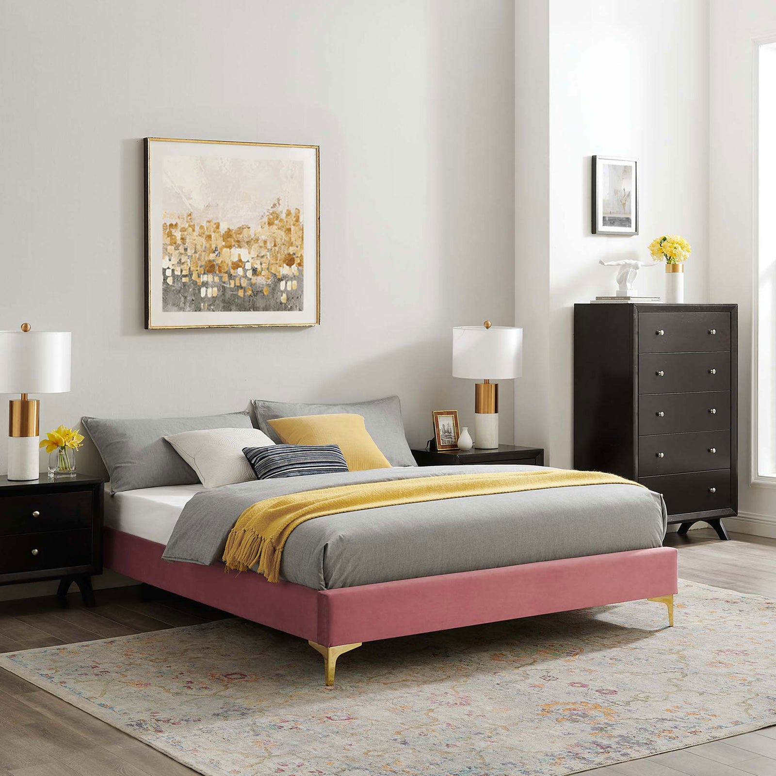 Chic bedroom look with the dusty rose velvet platform frame anchored by gleaming gold legs. || MOD-6275-DUS || front_angle_room